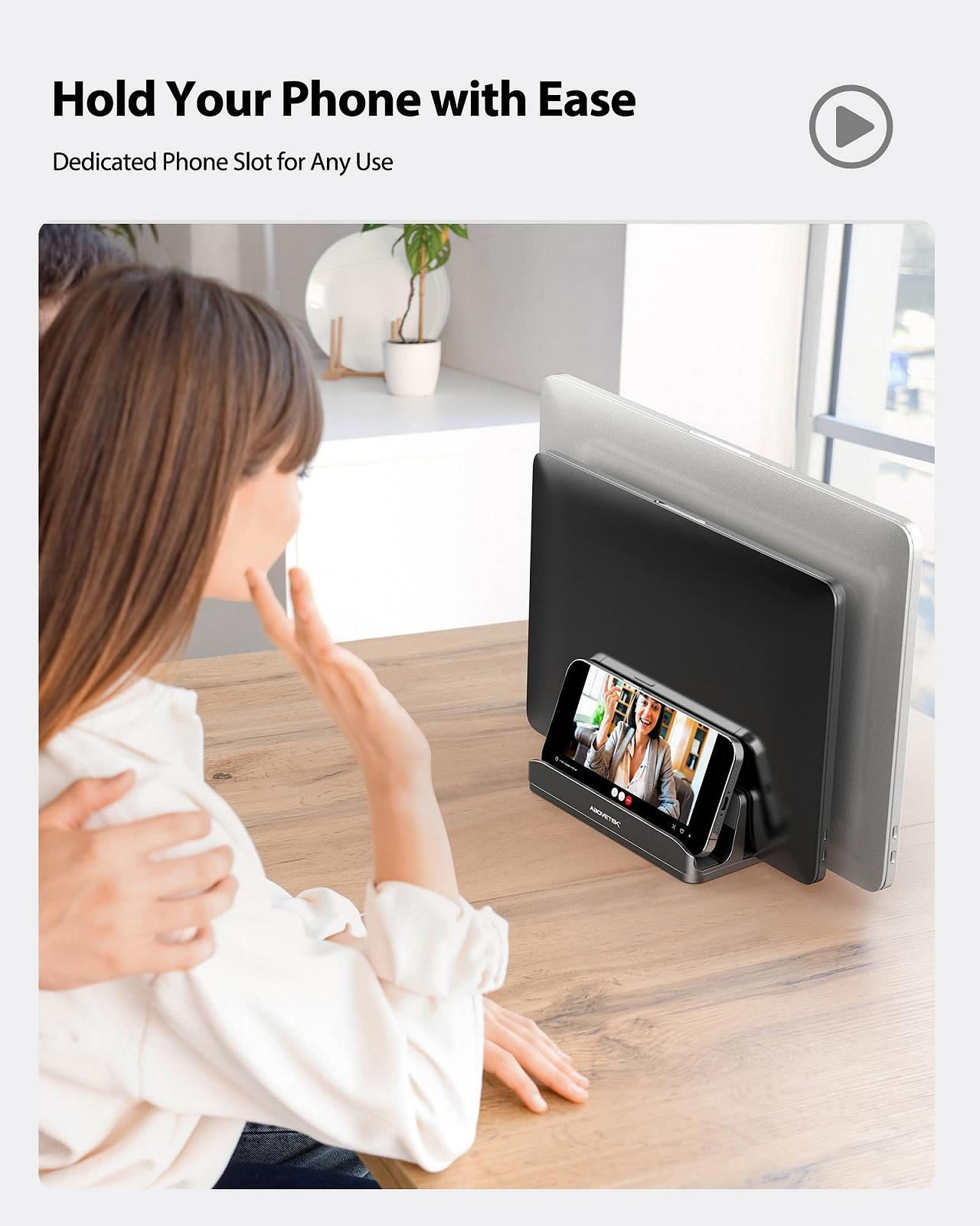 Вертикальная Подставка для Ноутбука AboveTEK, Держатель для Ноутбуков до 17.3 дюймов, Алюминиевая Подставка для Ноутбука 4 в 1, 3 Слота Нескользящие Силиконовые Ручки для MacBook/Ноутбука/iPad/Планшета/Телефона, Серый, фото №8