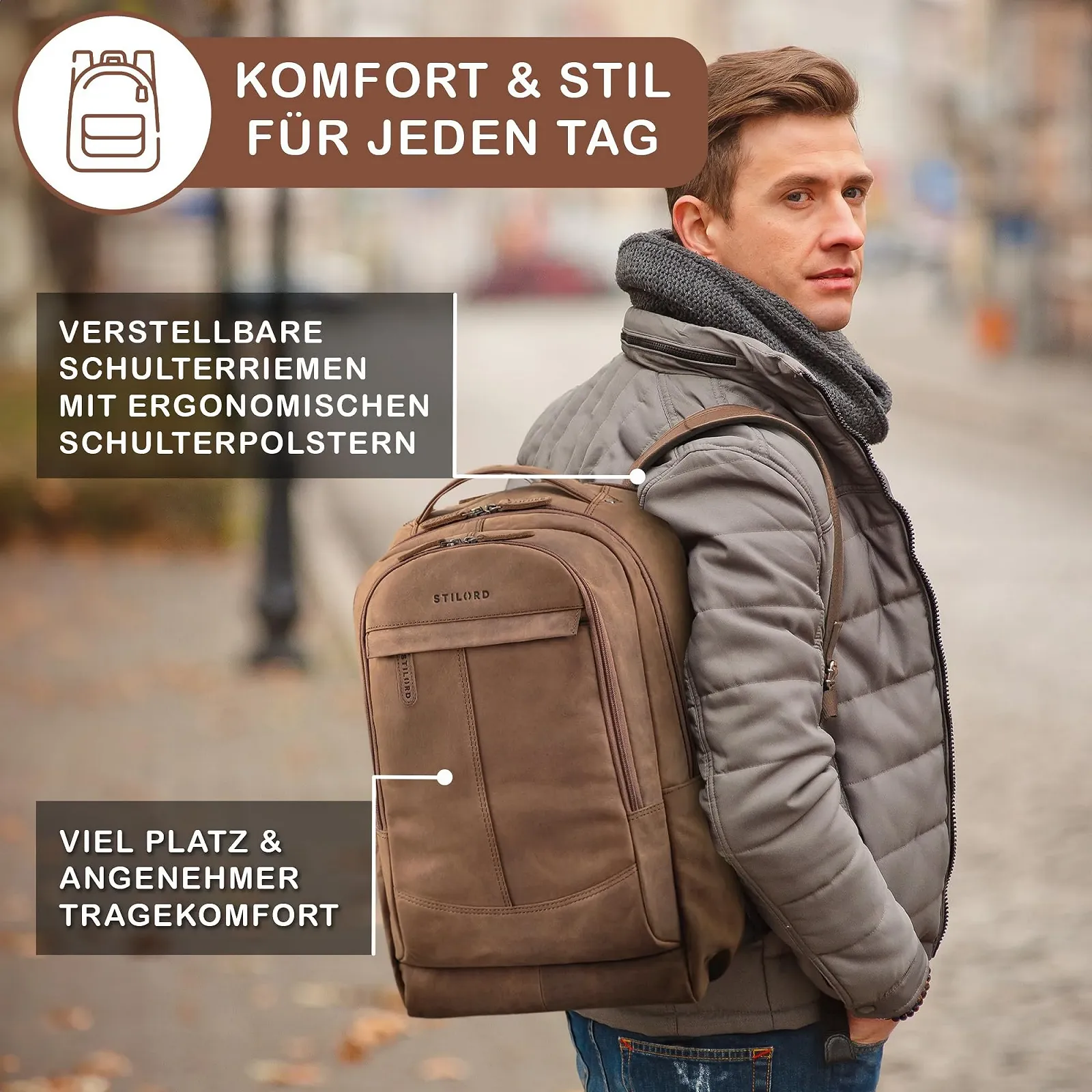 Бізнес-рюкзак STILORD Maxim Premium XL Maxim Leather Vintage 17 to 19 Inch Large Black, Tan - dark brown, фото №3