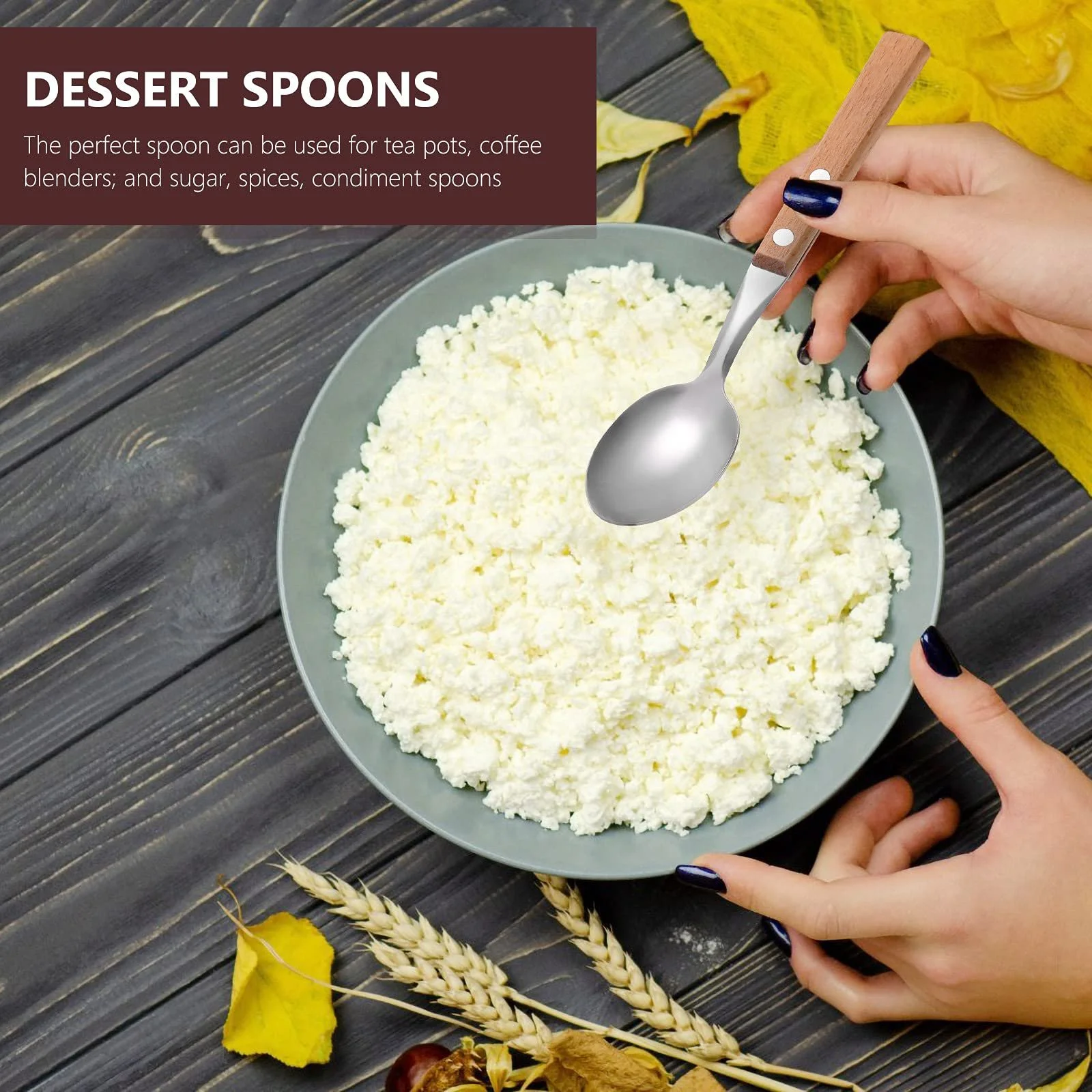 Набір з 5 десертних ложок з нержавіючої сталі з дерев'яними ручками, фото №5