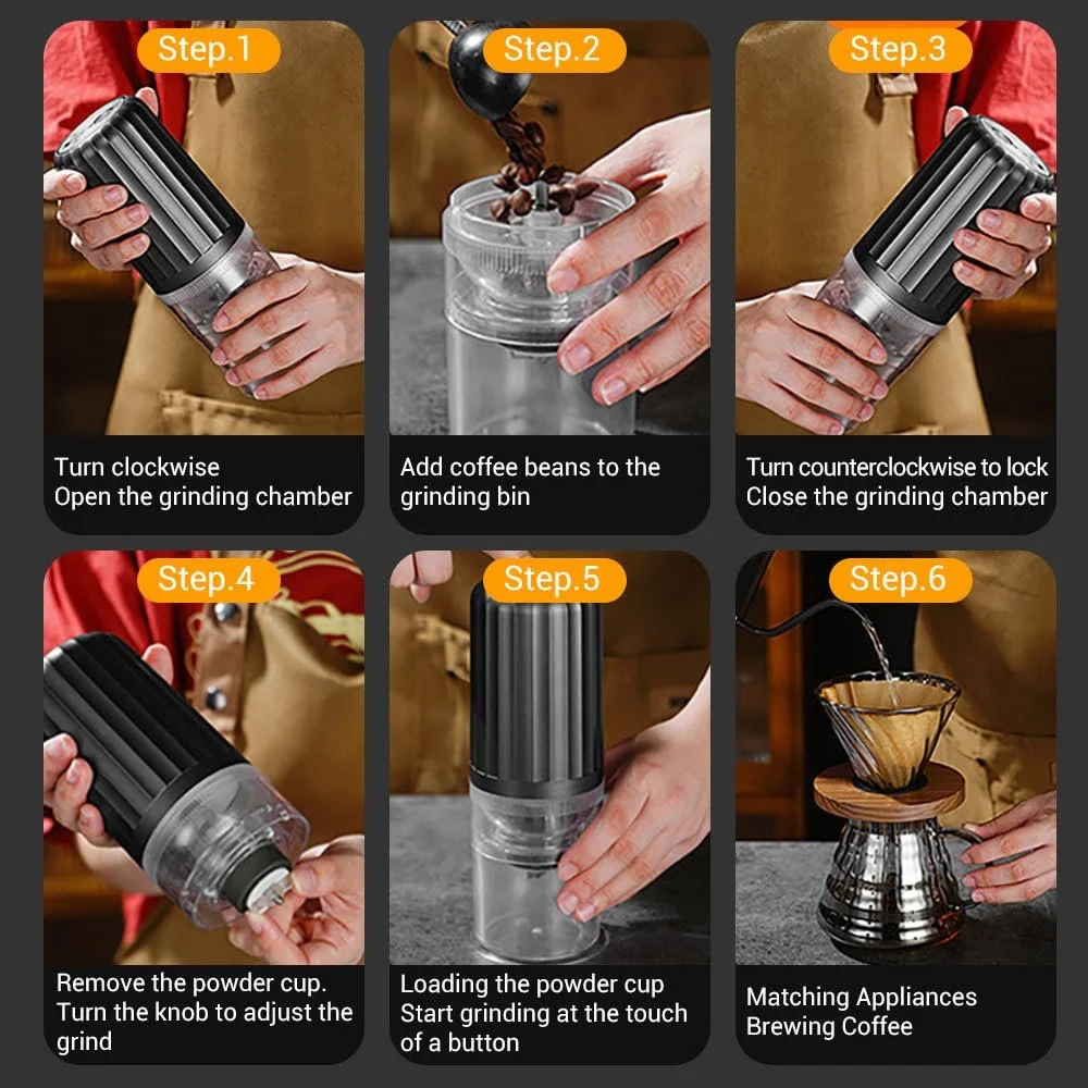 Электрическая кофемолка Беспроводная эспрессо-кофемолка Регулируемая толщина USB-перезаряжаемая мельница для специй для дома, офиса, путешествий, кемпинга, фото №7