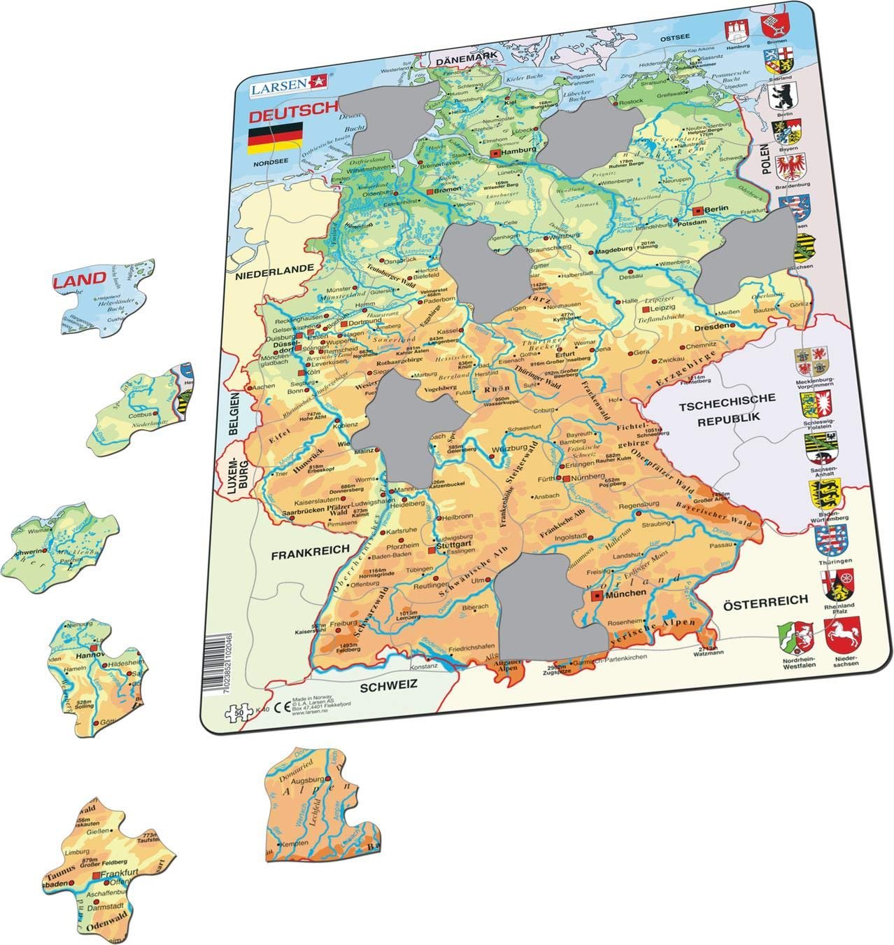 Пазл-рамка Larsen K40 Physical Map of Germany 50 елементів, фото №2