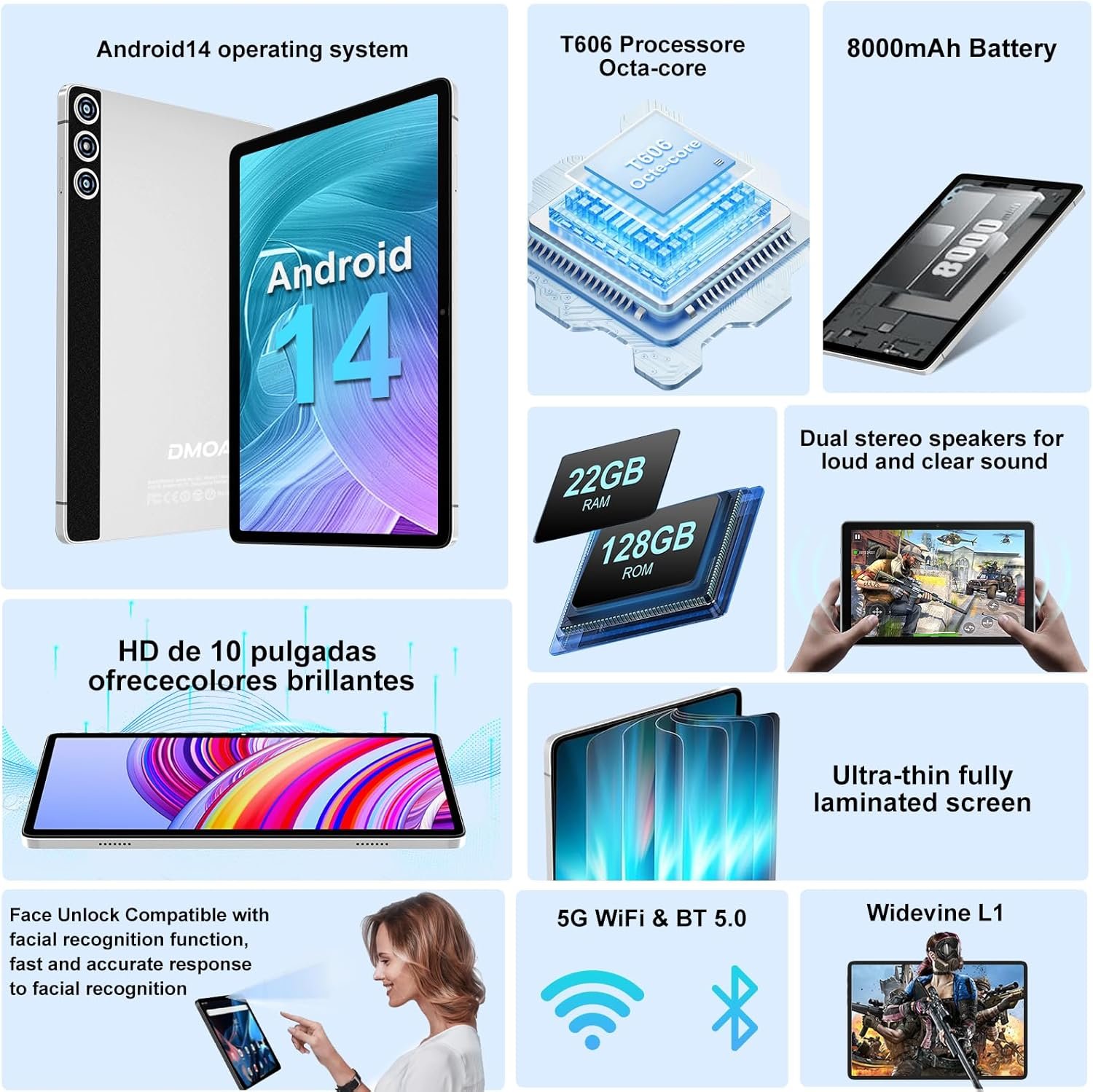 Планшет 10.1" Dmoao D5 6+16/128Gb 8 ядер Android 14 8000mAh Black, фото №2