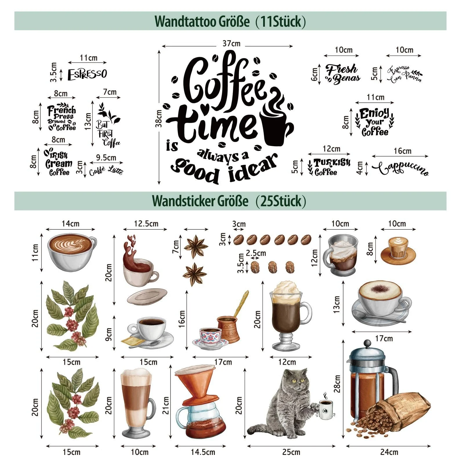 Набор наклеек на стену Coffee Time Кухня Кофе Кот Чашка Зерна 36 шт, фото №7