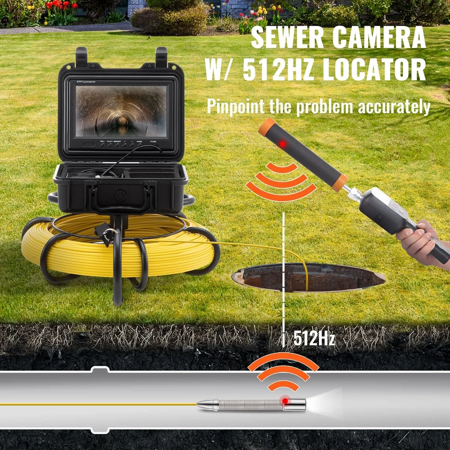 Ендоскопічна камера з дісплеєм 9'' VEVOR / 512 Гц / РК-екраном 720p / 91.5 м / Чорний/Жовтий, фото №4 Ендоскопічна камера з дісплеєм 9'' VEVOR / 512 Гц / РК-екраном 720p / 91.5 м / Чорний/Жовтий, фото №4