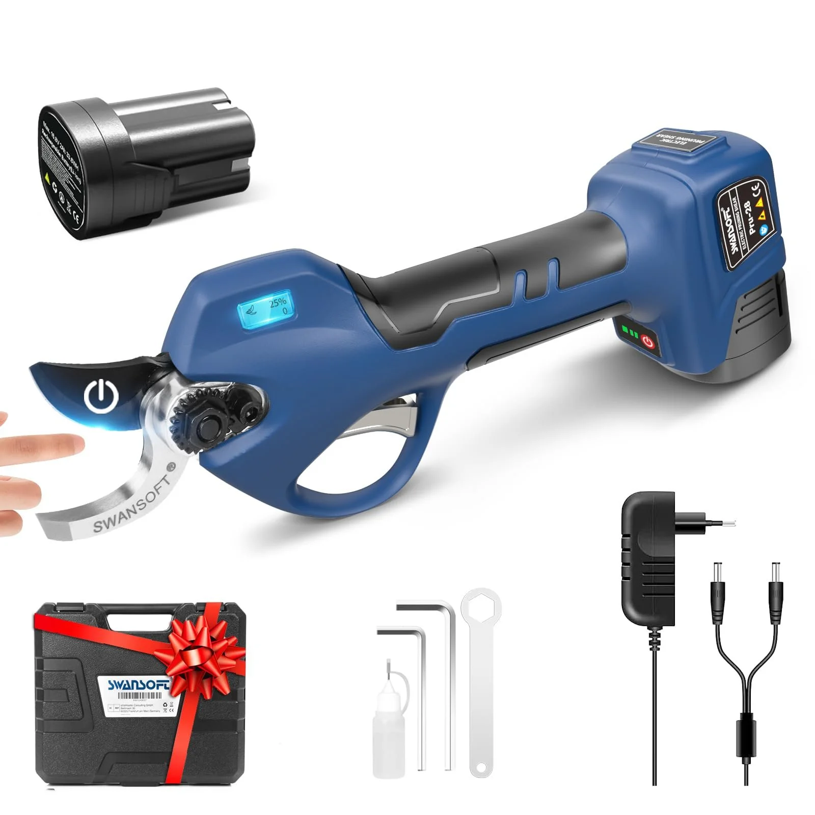 Секатор акумуляторний SWANSOFT PRU28, 28 мм, 16.8 В, 2 + 2 Аг, фото №1