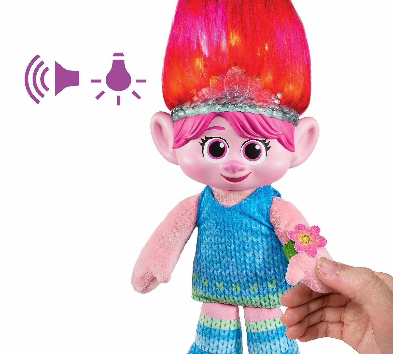 Плюшева іграшка Mattel Dreamworks Trolls Together Strong-Hairy Surprise Queen Poppy зі світловими ефектами та звуками, включає шпильки для волосся та браслет дружби, рожева, 35 см, фото №3