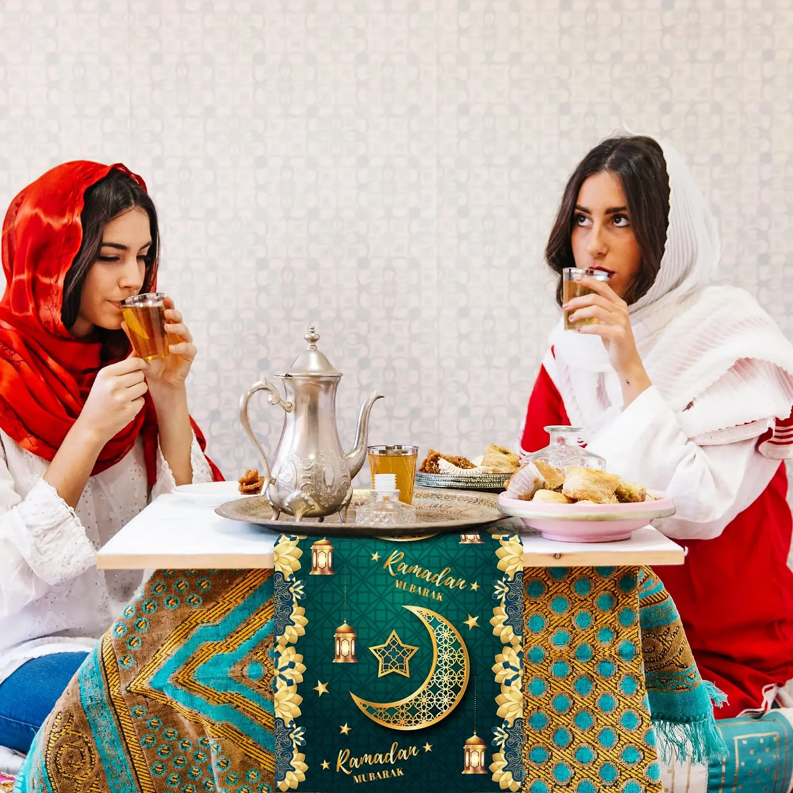 Ранер Ramadan Eid Mubarak Візерунок Місяць та Зірки 275 x 35 см Набір з 6 штук Зелений, фото №7