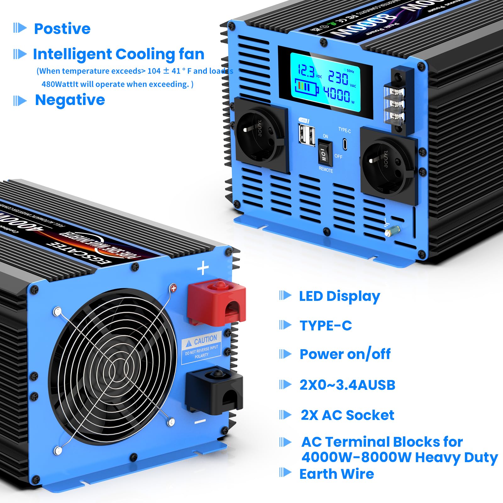 Інвертор 4000 W 12 V 230 V перетворювач напруги чистої синусоїди з 2 EU розетками, USB Виходом, Type-C, пультом дистанційного керування та LCD дисплеєм пікова потужність 8000 W для вантажівки кемпінгу аварійний кемпер фургон, фото №3