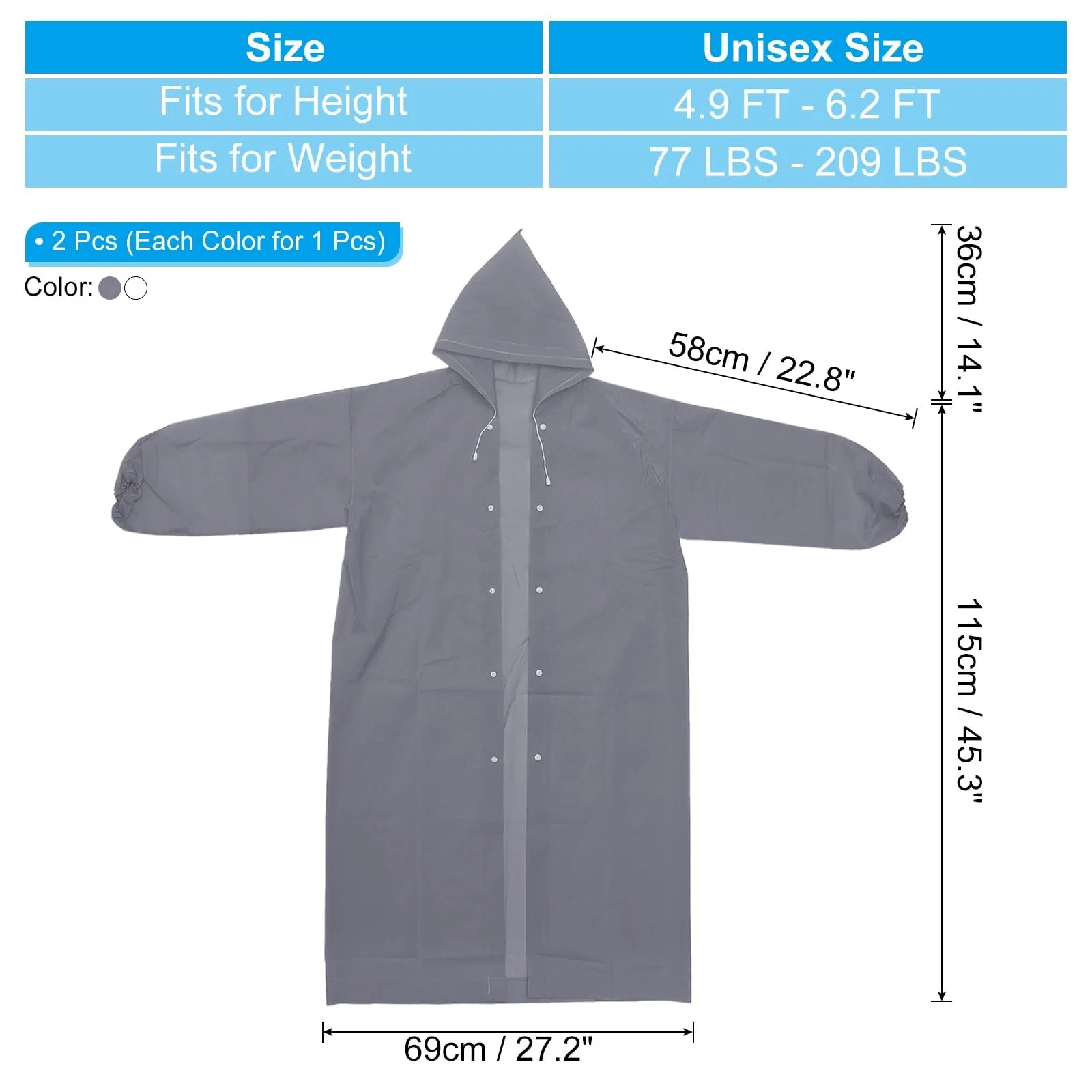 Дощовик PATIKIL 2 шт. Легкий багаторазовий EVA дощовик для дорослих для велоспорту, походів, активного відпочинку, сірий, білий, фото №2