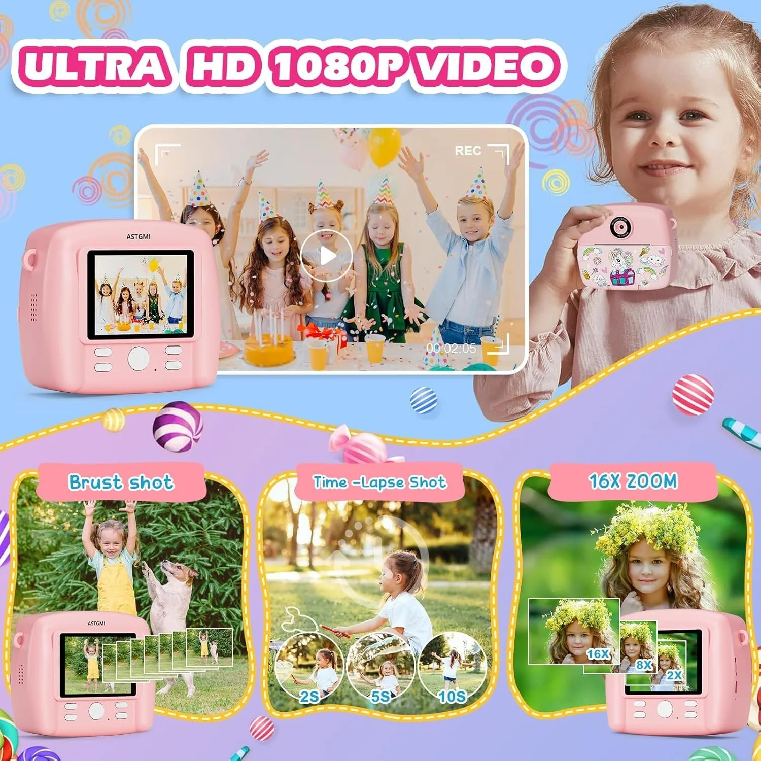 Фотокамера мгновенной печати Children's Camera 1080P HD 2.4 дюйма IPS 3 рулона бумаги 32G SD, фото №3