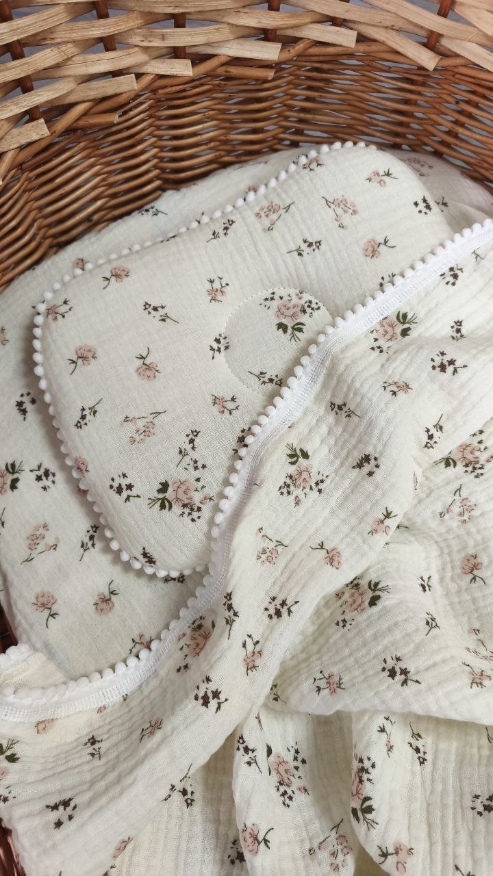 Муслиновый комплект в коляску, люльку: плед, простынь и подушка цветочки бежевый, фото №3