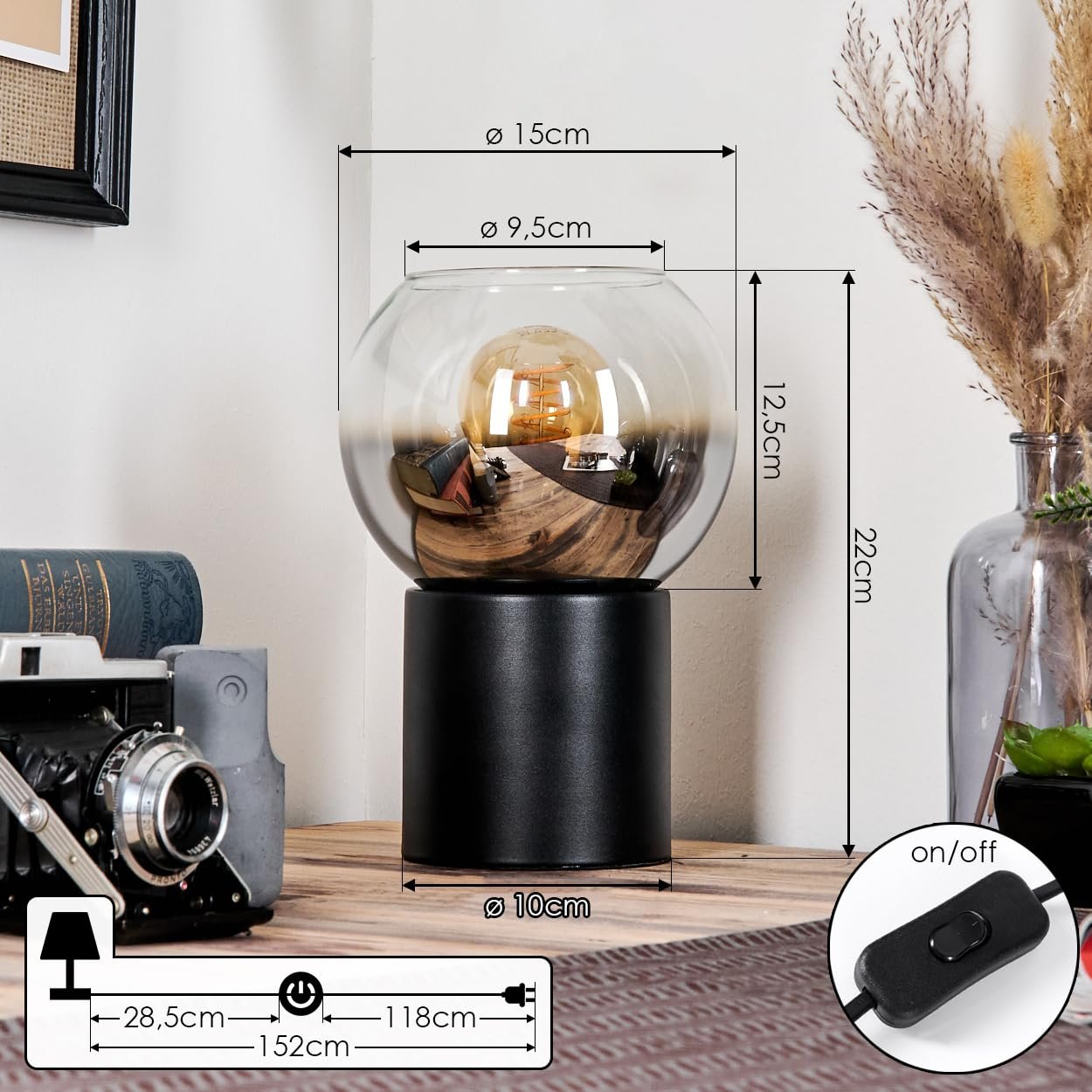 Настільна лампа HOFSTEIN Koyoto E27 15 см Чорний/Хром/Димчастий/Прозорий, фото №4