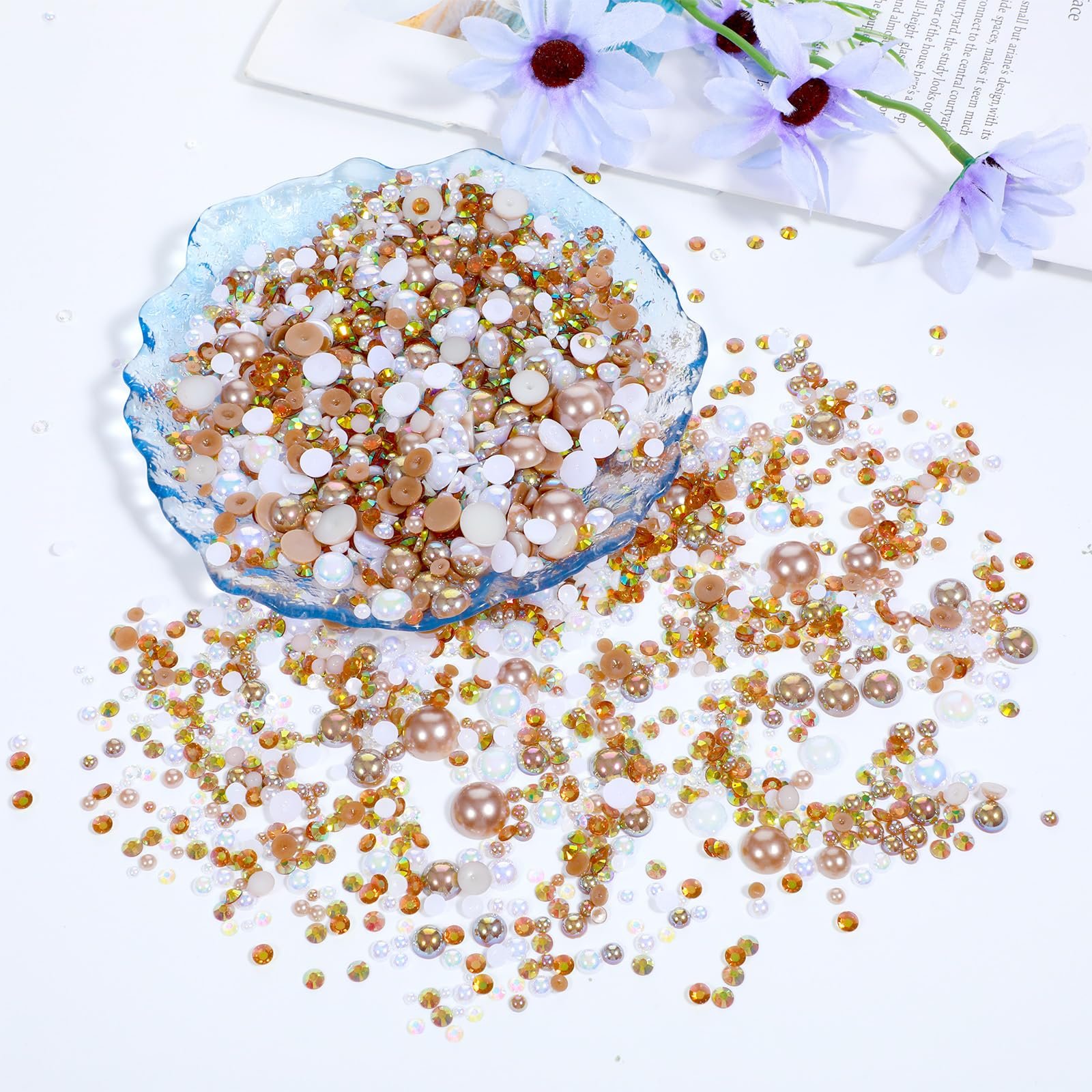 Напівкруглі намистини та блискучі камінці Mix 60 г, золотий шампань, фото №5