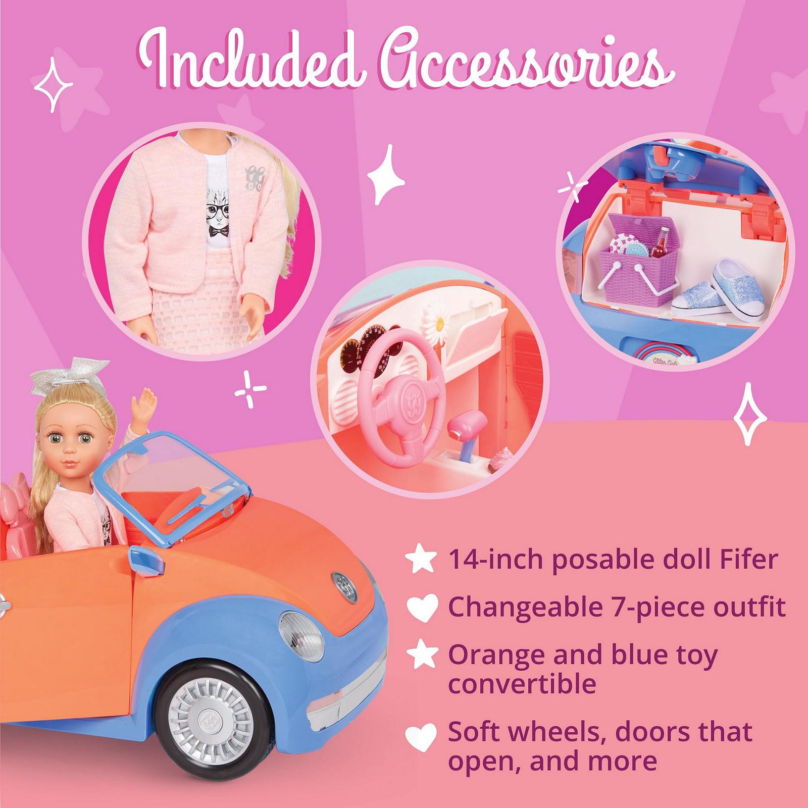 Кукла Glitter Girls Fifer с кабриолетом подвижная 36 см с автомобилем, кукольной одеждой, аксессуарами и длинными светлыми волосами для укладки, 9 элементов, цветная, фото №4