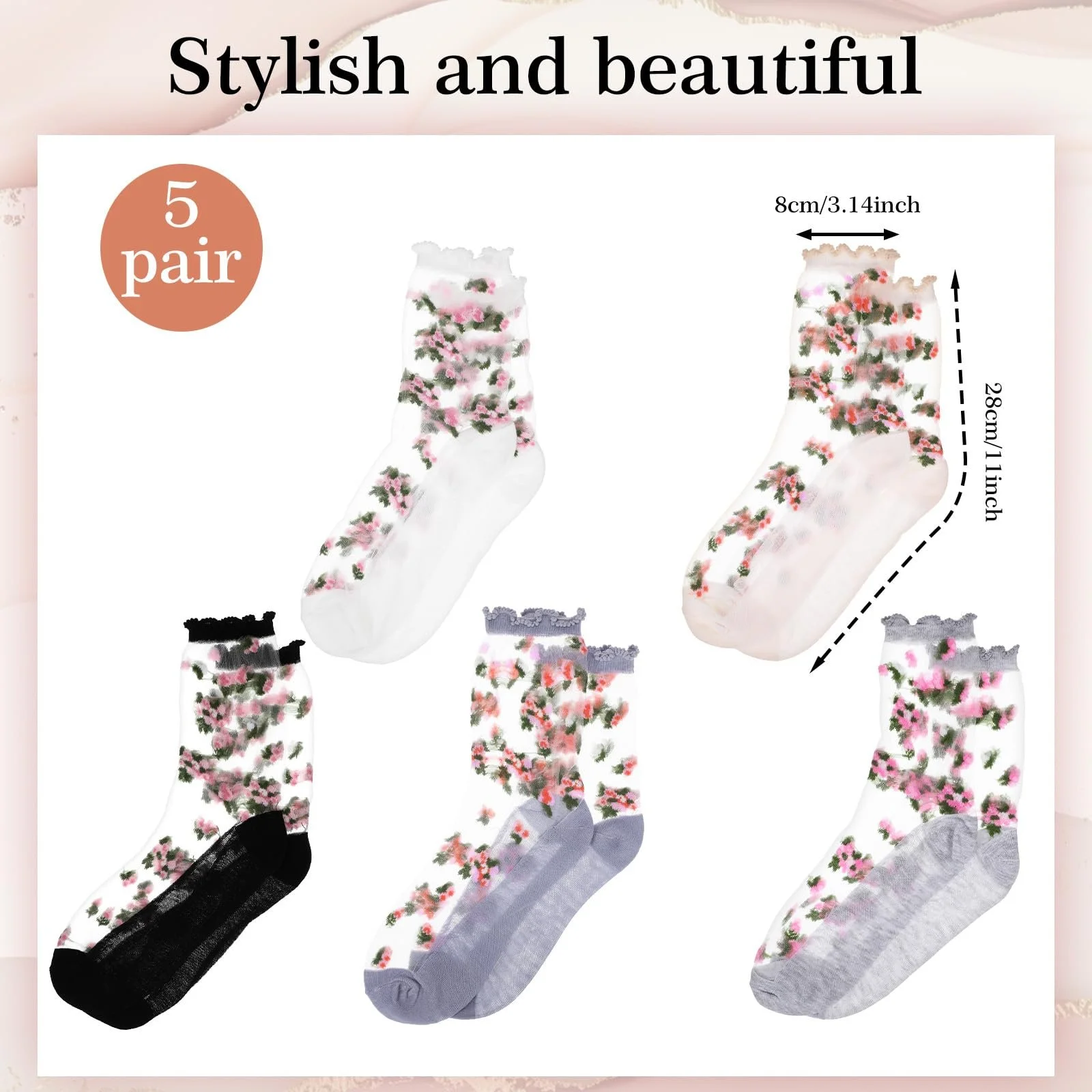 Прозорі шкарпетки 5 пар, жіночі панчохи, дихаючі нейлонові панчохи, кольорові тонкі шкарпетки, 5 кольорів, фото №2