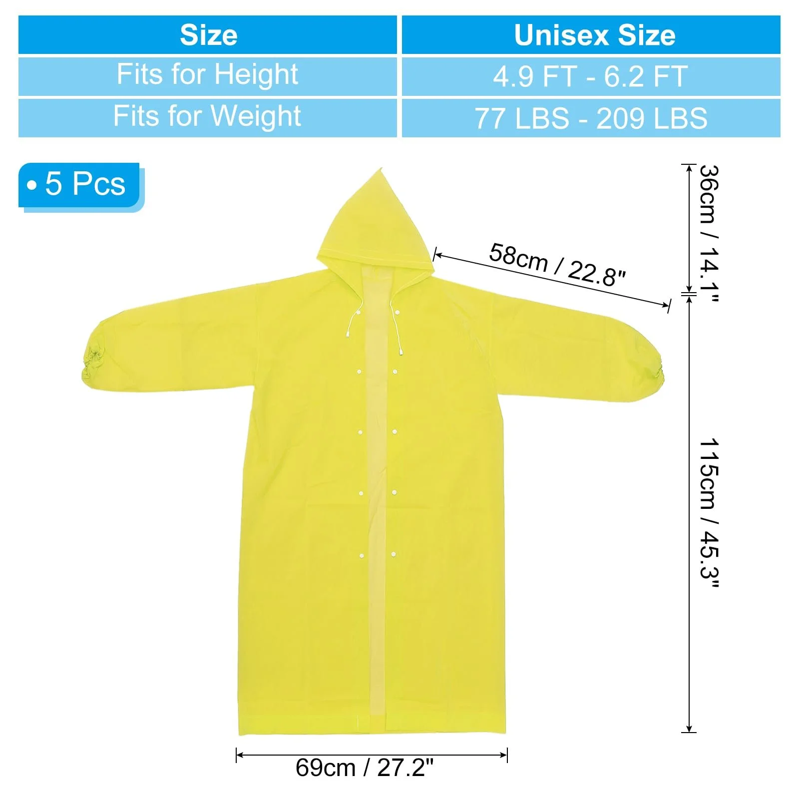 Дощовик PATIKIL, 5 шт., легкий, багаторазовий, EVA, для дорослих, для велоспорту, походів, активного відпочинку, жовтий, фото №2