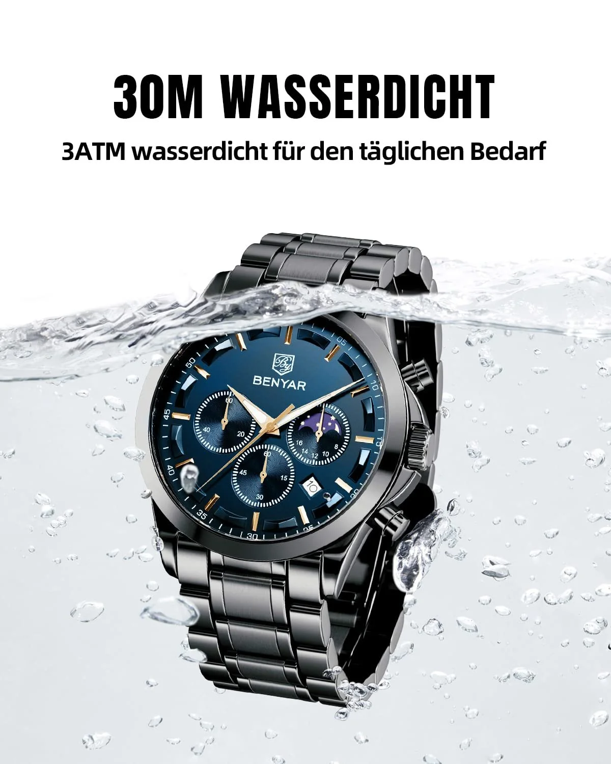 Чоловічий годинник Benyar Chronograph Gold / Silver / Blue / Black, фото №4