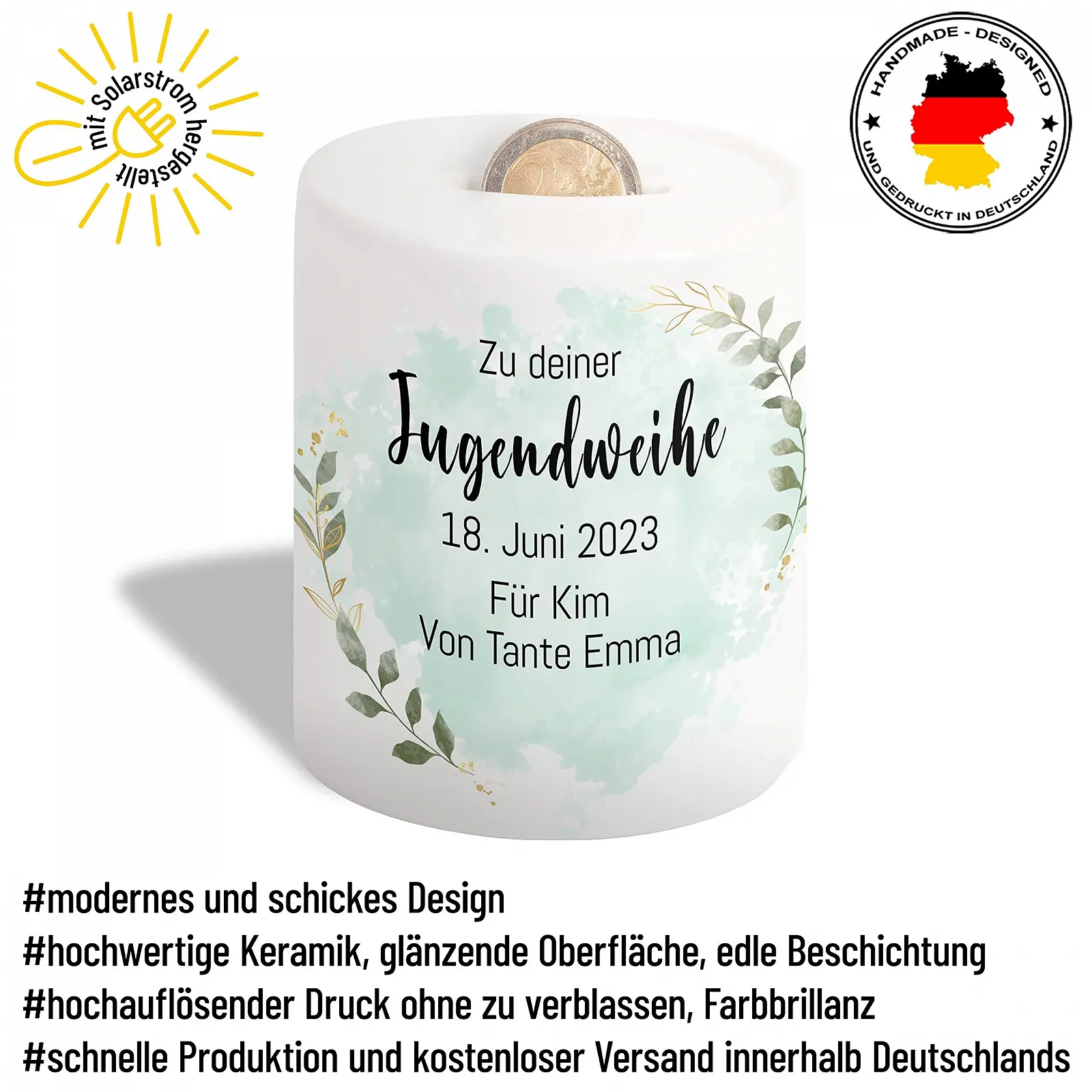 Скарбничка Zu deiner Jugendweihe керамічна персоналізована малюнок по колу, фото №3