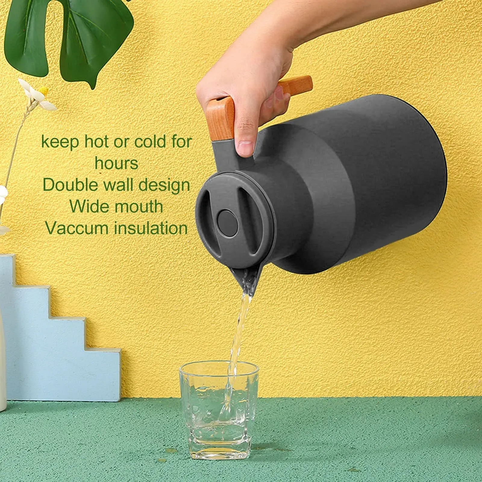 Термос для кави Tissting 1L, високоякісний термос-колба з подвійними стінками та буковою ручкою, фото №9