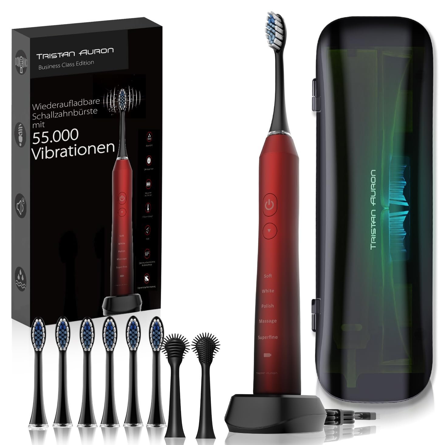 Електрична звукова зубна щітка Tristan Auron Business Class 55 000 вібрацій 5 режимів UV-футляр Червона, фото №1