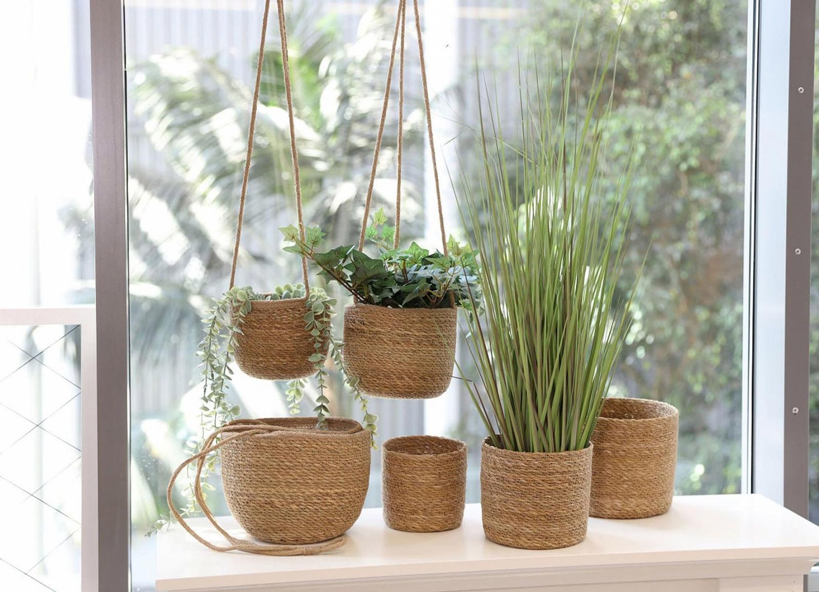 Підвісні кошики Spetebo з морської трави набір 3 шт. 23, 20, 17 см з внутрішньою плівкою Бежевий/Натуральний, фото №4