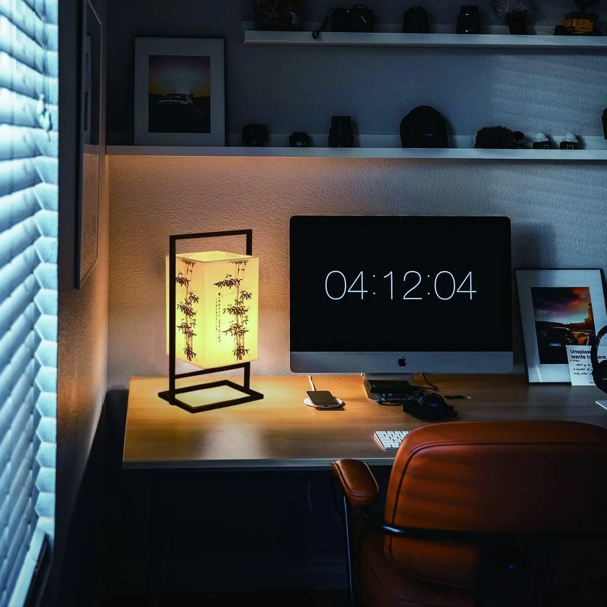 Настільна лампа Japanese японська приліжкова індустріальна з чорною металевою рамою та квадратним тканинним абажуром Регульована яскравість Квітка сливи, фото №7