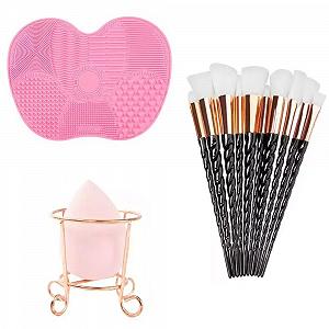 Килимок Generisch Makeup Brush Cleaning Мат рожевий, набір 10 чорних пензлів Unicorn для макіяжу та губка для змішування Water-Activated з кошиком - Фото 1