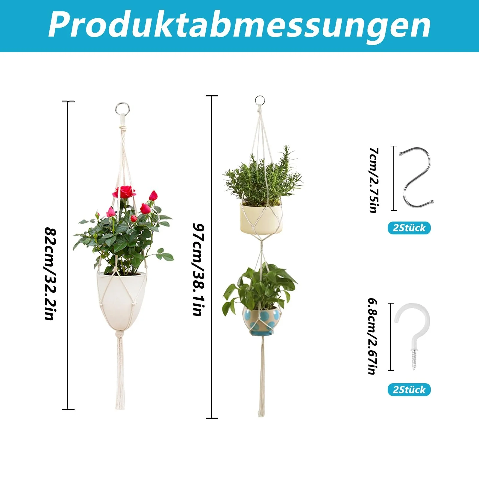 Кошик підвісний макраме Набір 2 шт. Бавовняна мотузка з гачками Білий, фото №2