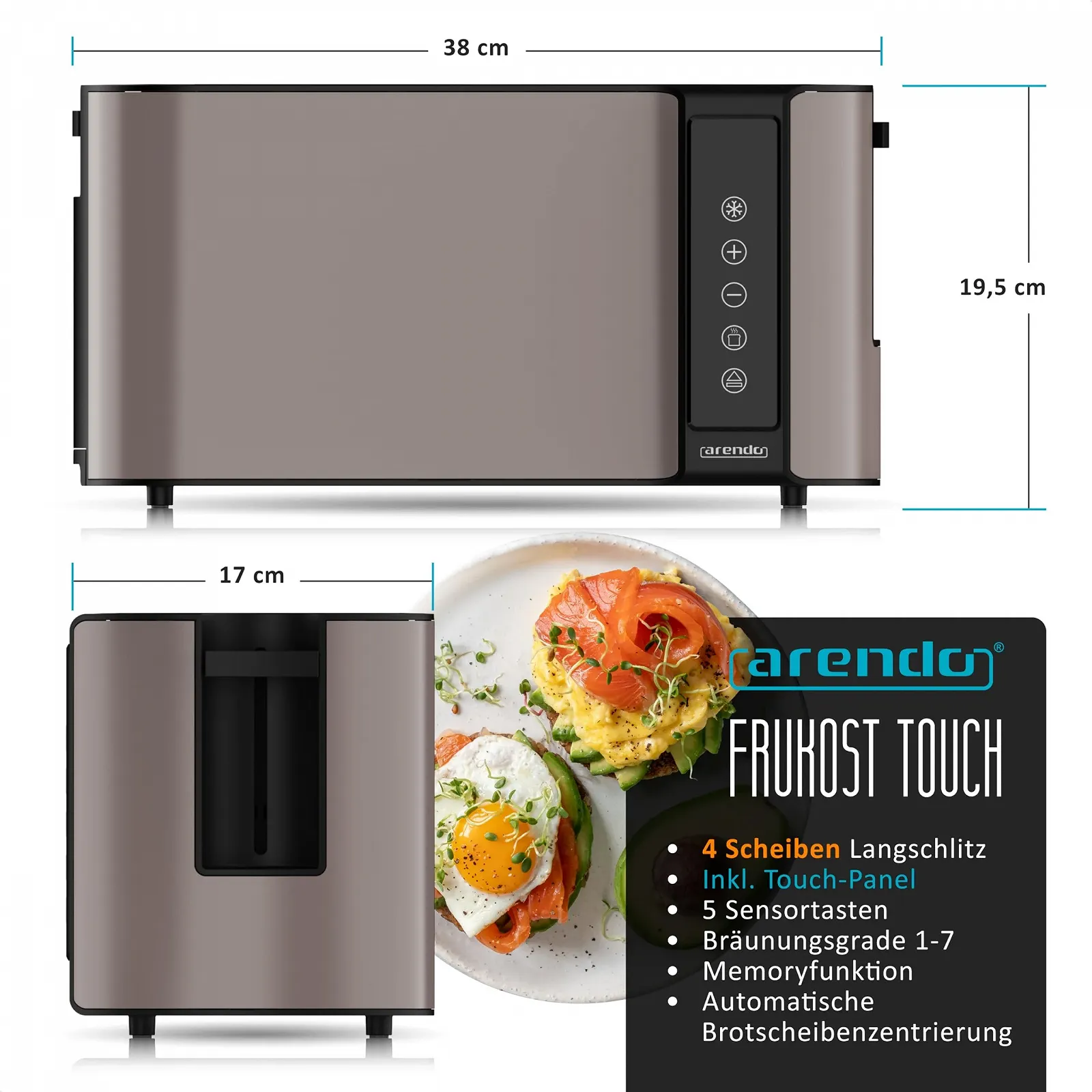 Тостер Arendo FRUKOST TOUCH 4 скибочки, нержавіюча сталь, фото №2