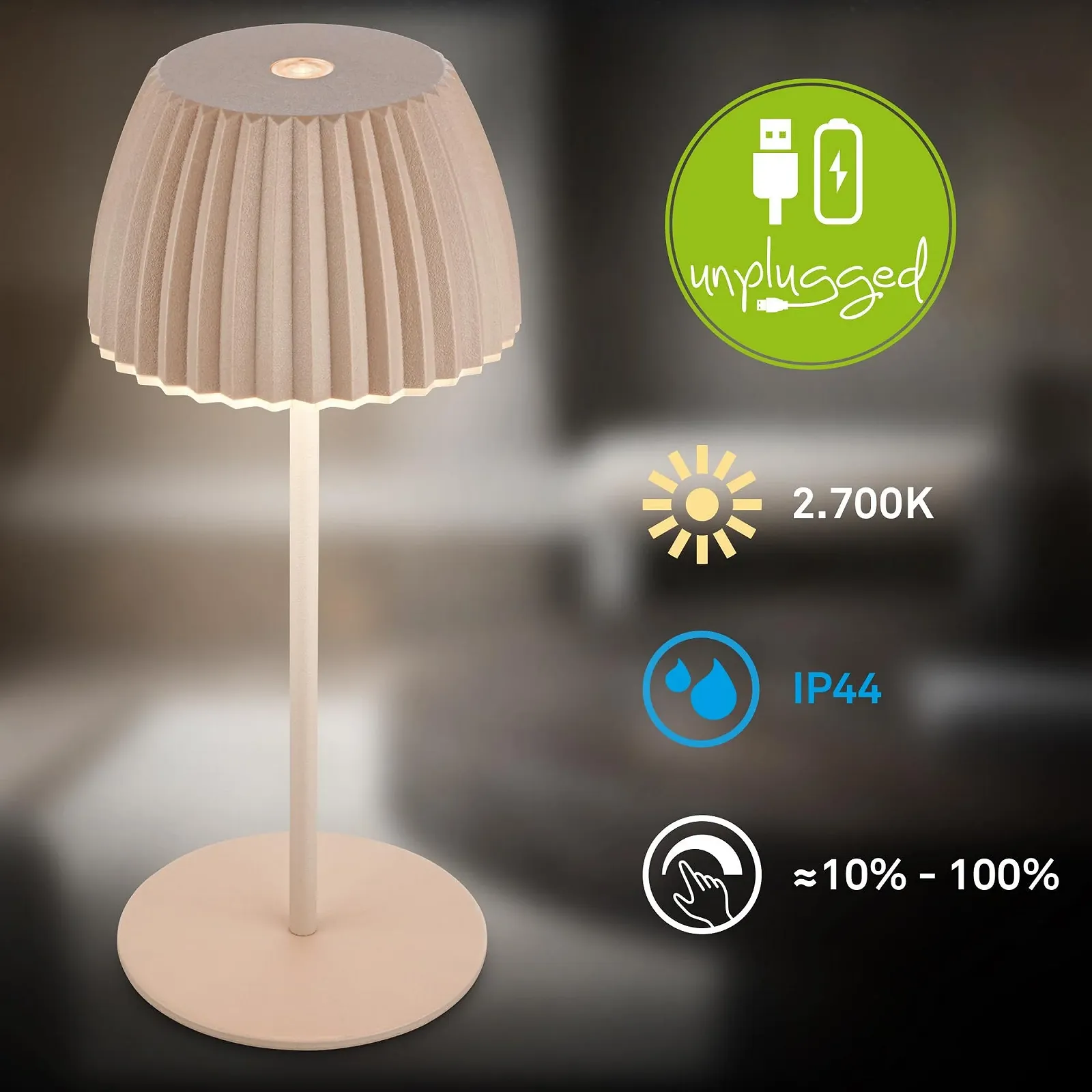 Мини LED настольная лампа BRILONER Riffle Set of 2 Wireless IP44 8.5 x 20 см Beige, фото №2