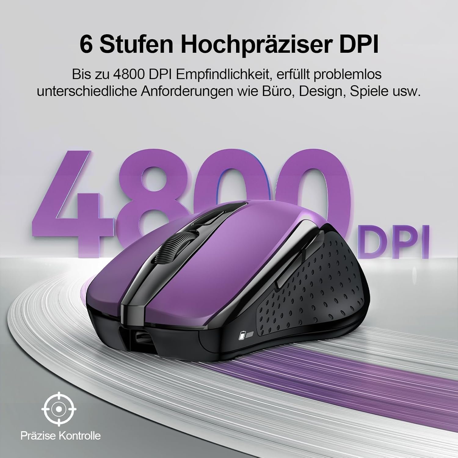 Мышь Bluetooth TECKNET, беспроводная, перезаряжаемая (три режима: BT 5.0/3.0 + 2.4G), 4800 DPI, эргономичная, тихая, для ноутбуков, Mac OS, Android, Windows, фиолетовая, фото №4