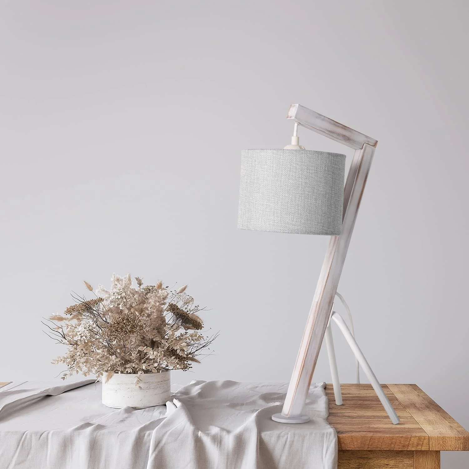 Настільна лампа Paco Home ретро E27 дерев'яна з тканинним абажуром сірий/білий, фото №3