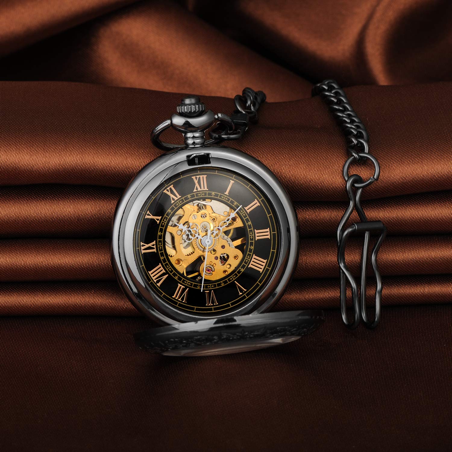 Кишеньковий годинник Unendlich U Retro Hand-Winding Mechanical з римськими цифрами і ланцюжком чорний, фото №3
