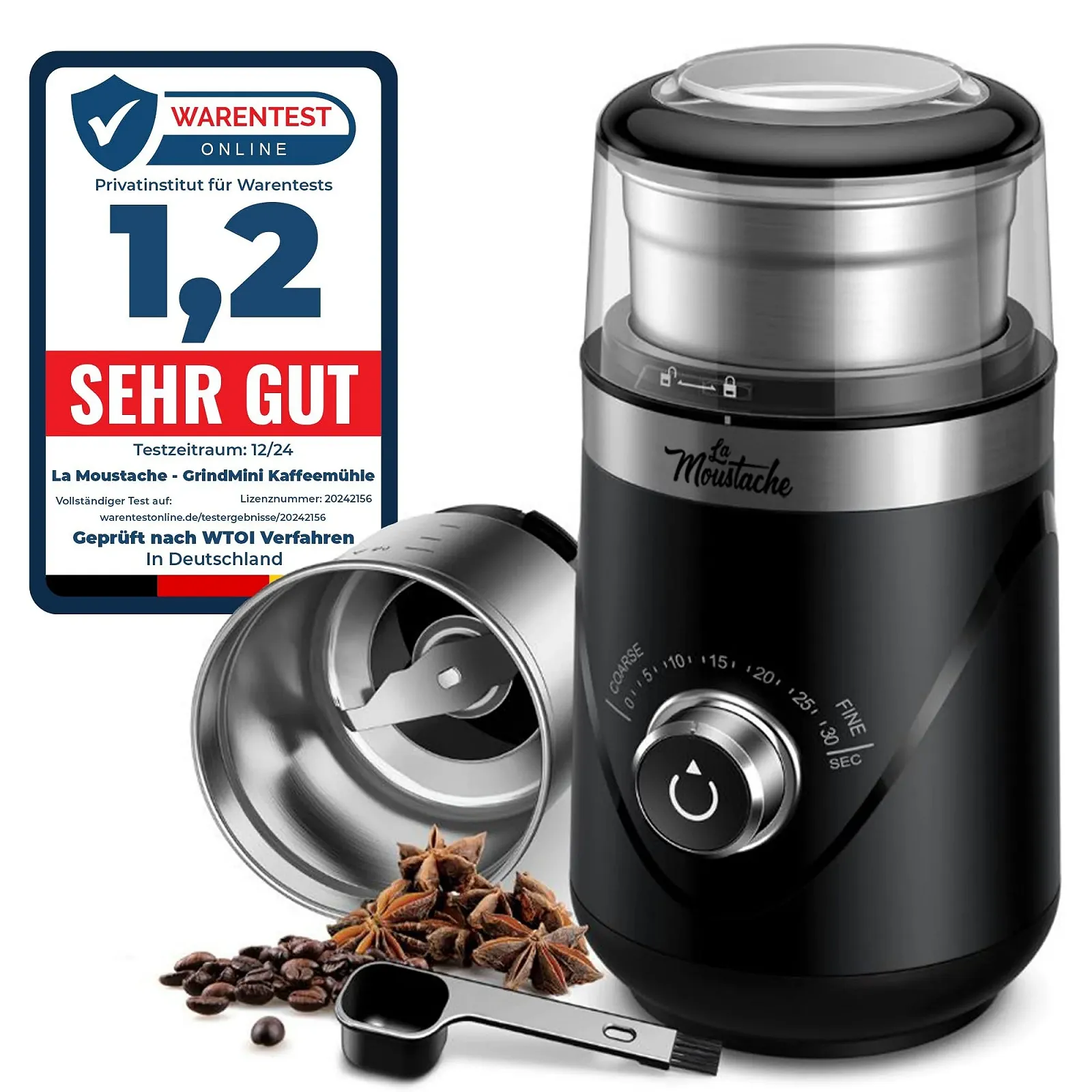 Электрическая кофемолка La Moustache GrindMini Black, 150 Вт, лезвия из нержавеющей стали, вместимость 80 г, регулируемый помол от 5 до 30 секунд, тихая 60 дБ, фото №1 Электрическая кофемолка La Moustache GrindMini Black, 150 Вт, лезвия из нержавеющей стали, вместимость 80 г, регулируемый помол от 5 до 30 секунд, тихая 60 дБ, фото №1
