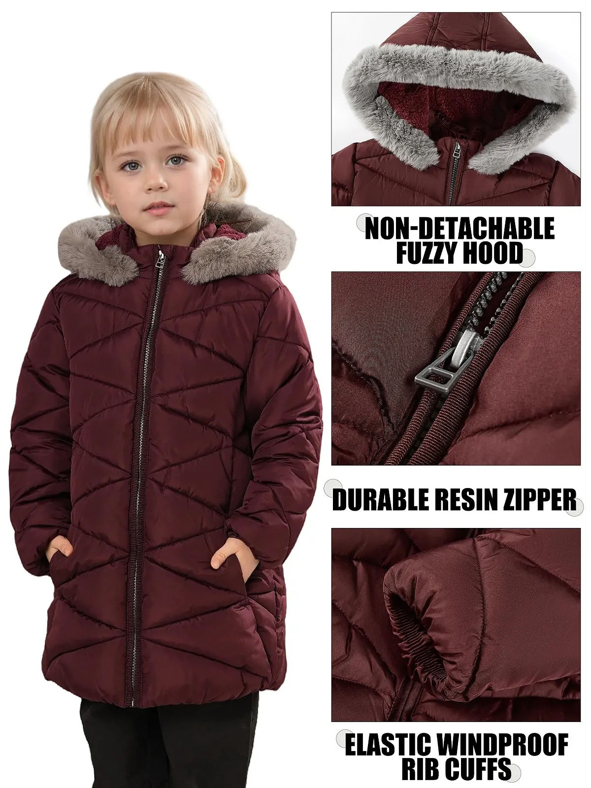 Зимове пальто для дівчат SOLOCOTE з капюшоном, на шерпній підкладці, фото №5