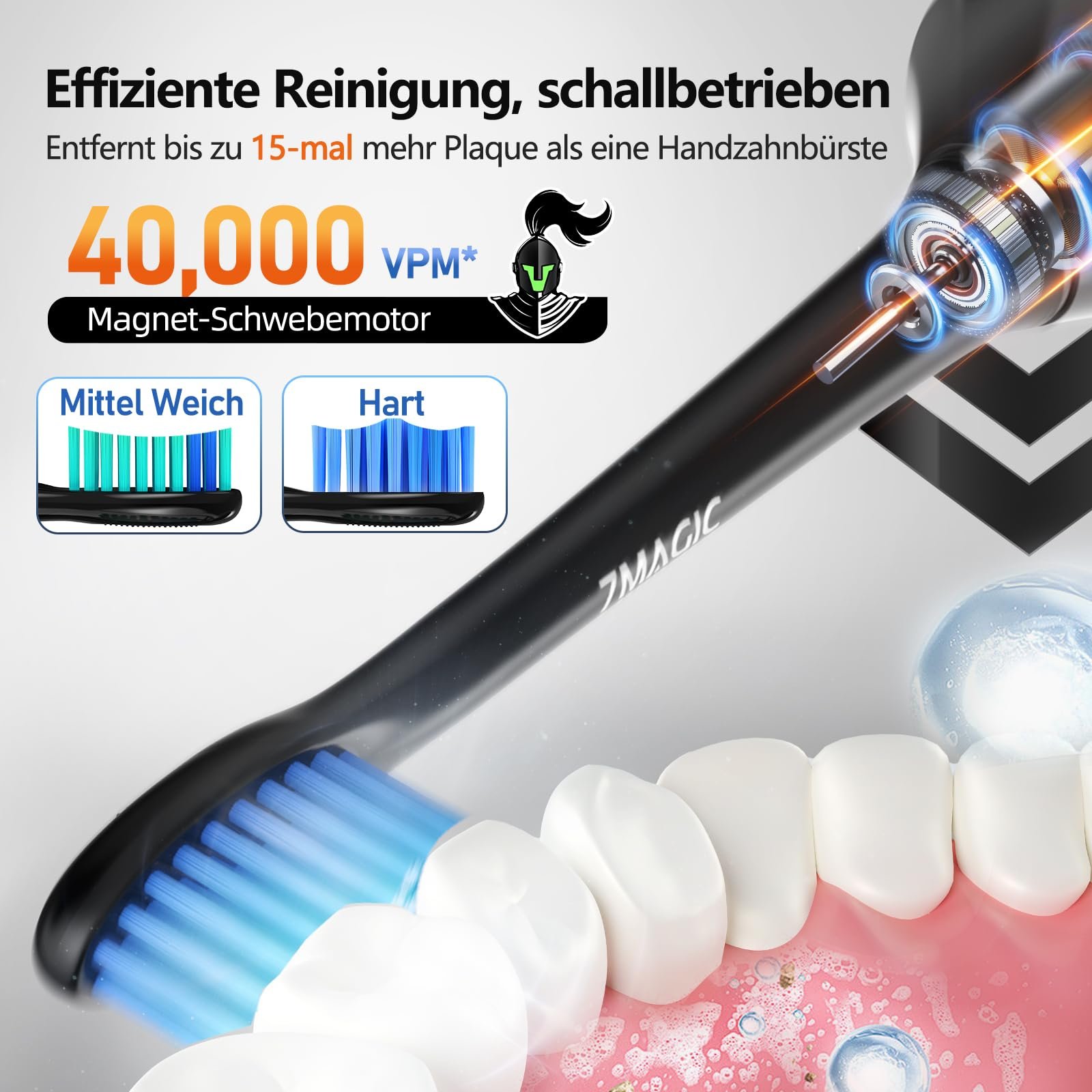 Електрична звукова зубна щітка 7MAGIC Knight 40000 VPM IPX7 90 днів роботи Чорний лицар, фото №4