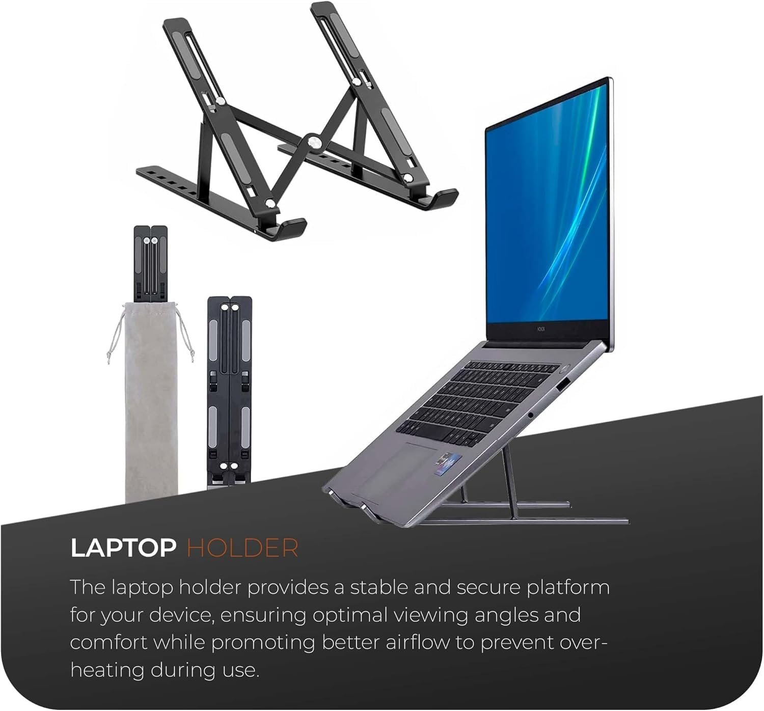 Подставка для ноутбука K-MART Регулируемая по высоте - Сделана из алюминиевого сплава, 6 передач Подставка для ноутбука для стола, Совместима с MacBook Air, Pro, Dell Allen Laptops 10-15.6 дюймов (Черный), фото №5