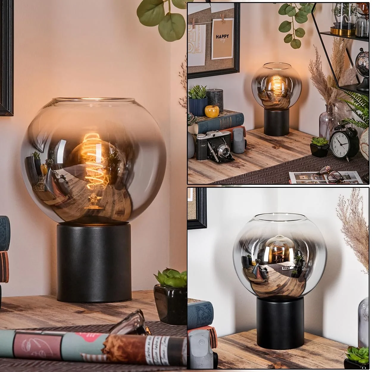 Настільна лампа HOFSTEIN Koyoto метал/скло E27 20 см Чорний/Хром/Димчастий/Прозорий, фото №1