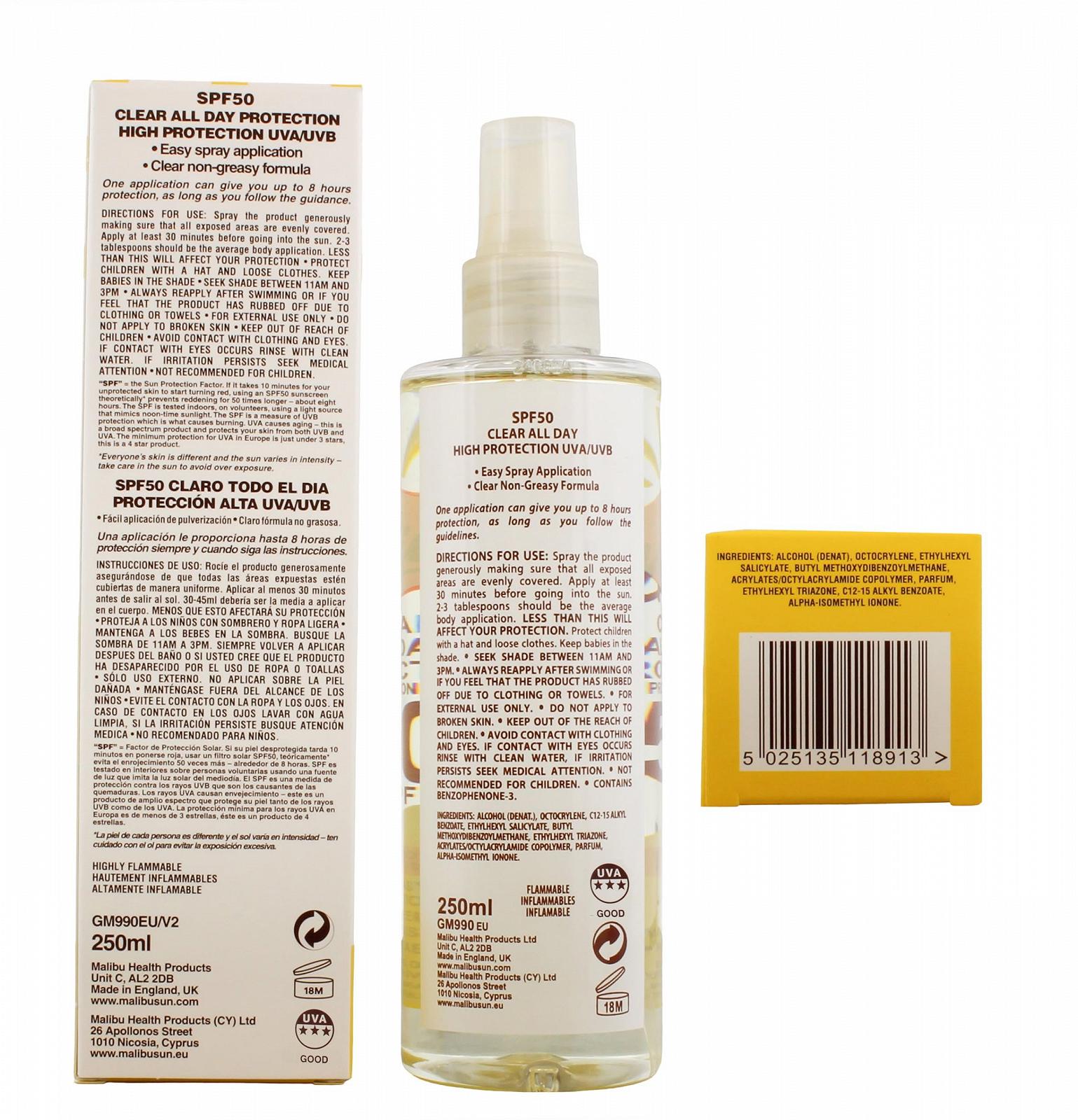 Солнцезащитный спрей Malibu Clear All Day Protection SPF 50, 250 мл, фото №2
