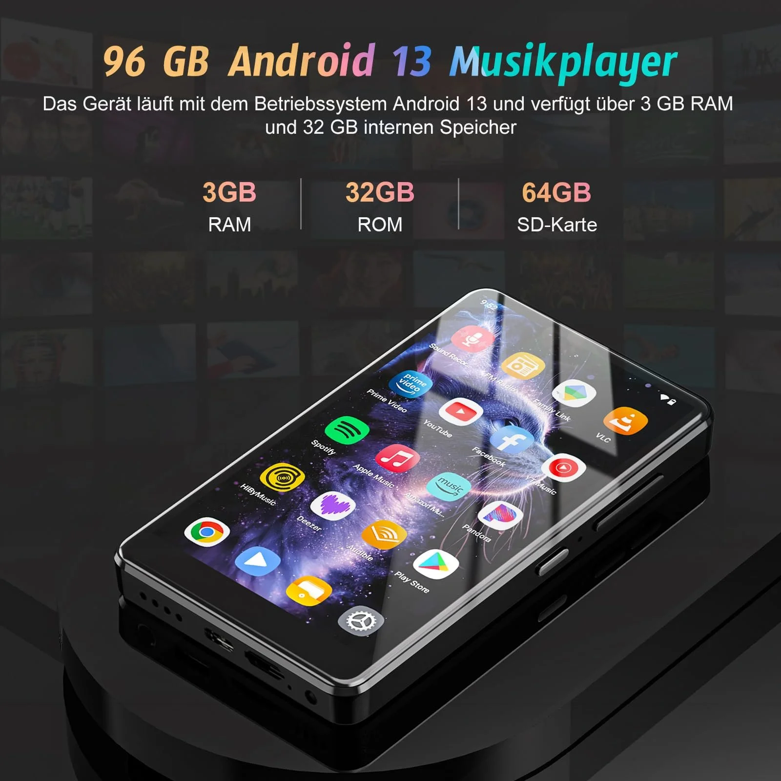 MP3-плеер 5 Inch Android 13 OS, 96 GB с Bluetooth и WiFi, 1080P HD MP4 плеер, с предустановленными Spotify, Audible и Play Store, фото №7