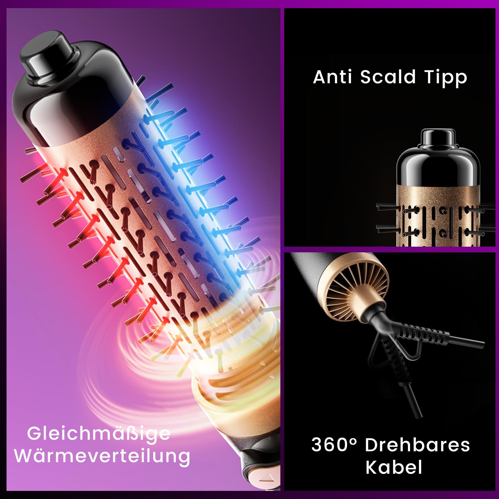 Вращающаяся фен-щетка Tresses Touch 3 в 1 с ионизацией и 2 насадками (1.5" и 2"), фото №5 Вращающаяся фен-щетка Tresses Touch 3 в 1 с ионизацией и 2 насадками (1.5" и 2"), фото №5