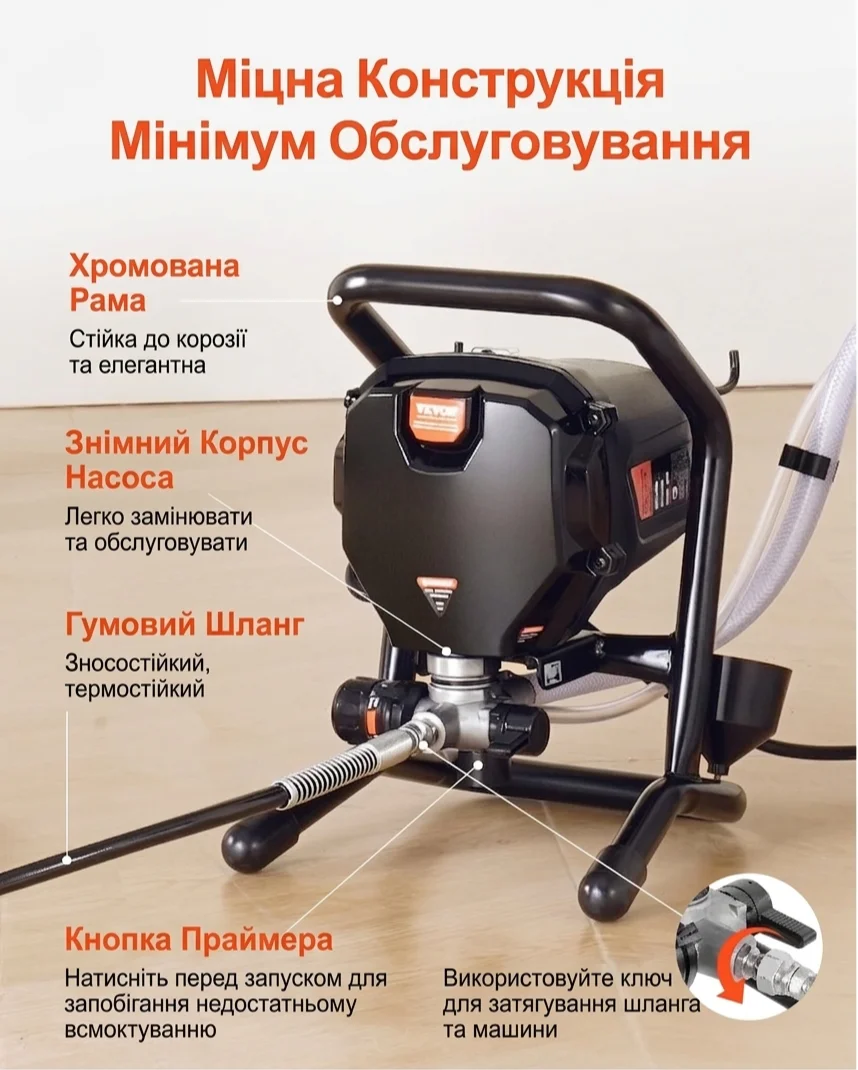 Безповітряний фарбокопульт VEVOR RP8626 / 750 Вт / 207 бар / 1.2 л/хв / Шланг 7.5 м, фото №5