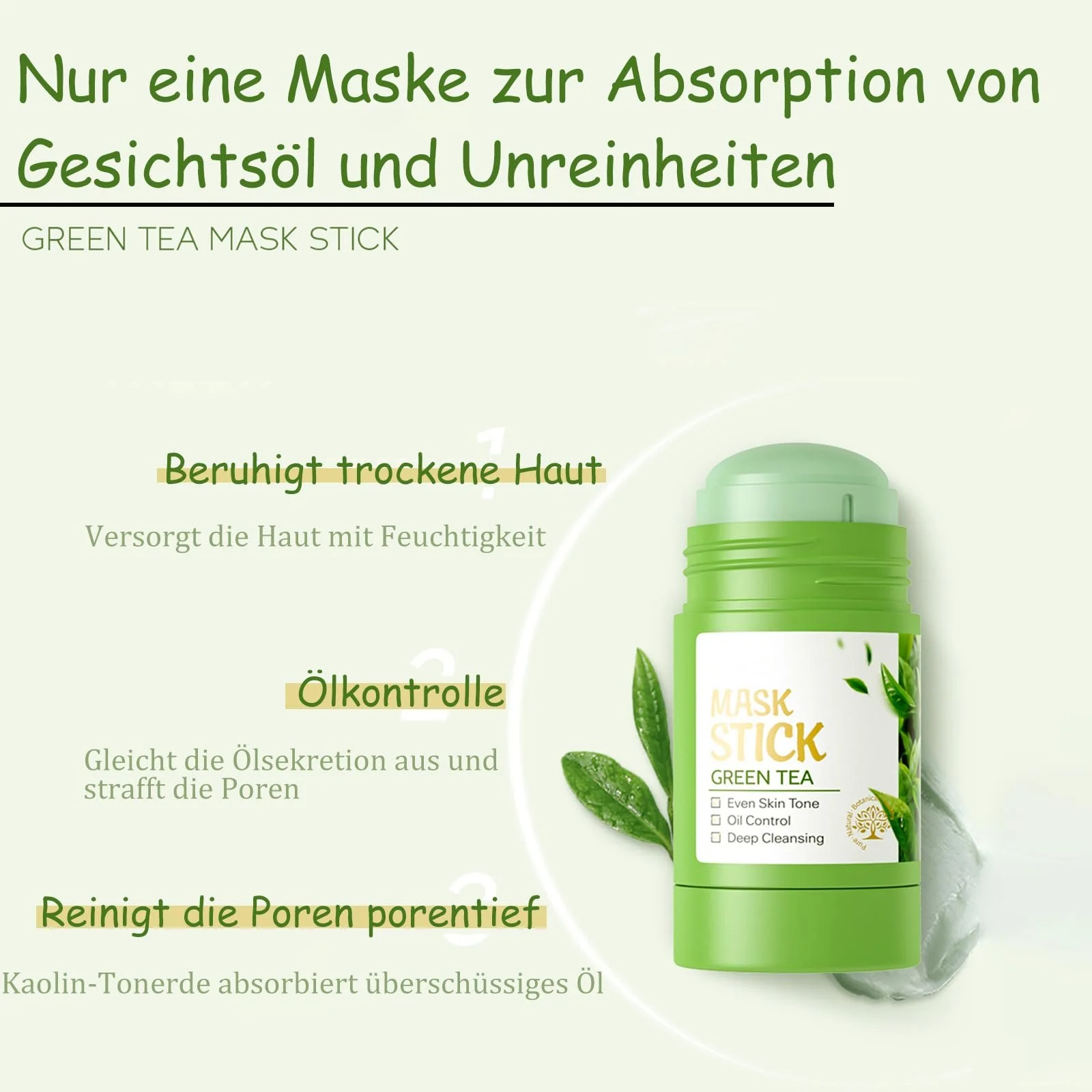 Маска-стик Soleneva Green, Очищающая глиняная маска с зеленым чаем для увлажнения кожи для мужчин и женщин для всех типов кожи, Глиняная маска для уменьшения пор, против акне, 2 шт, фото №4