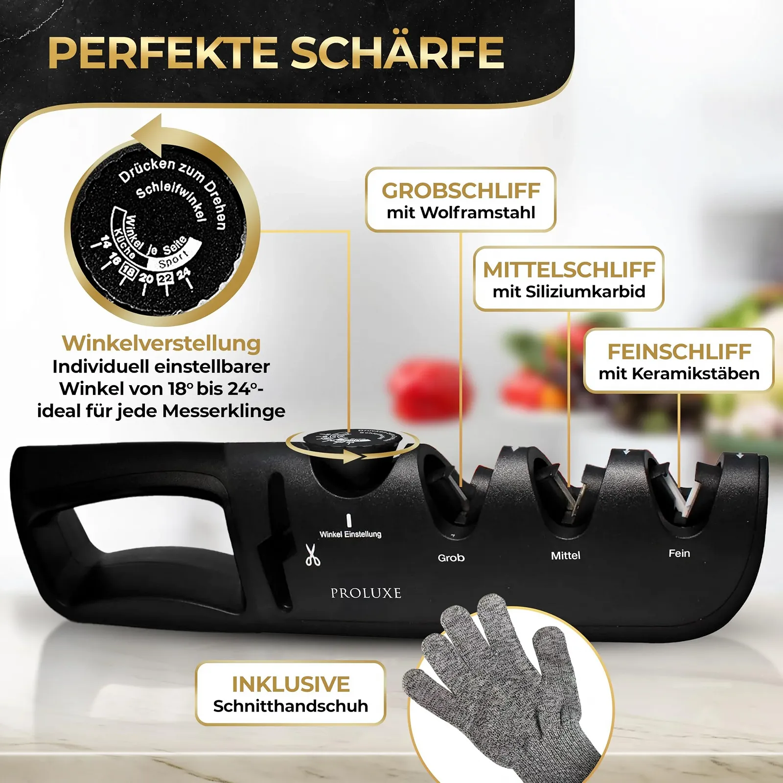 Точилка для ножів Proluxe Professional 4-ступінчаста з направляючою кута та точилкою для ножиць Diamond, фото №2