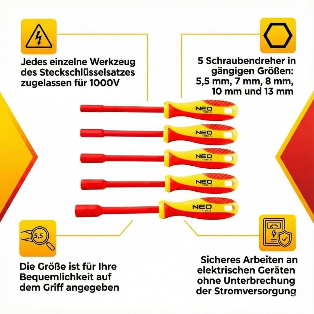 Набір торцевих ключів ізольованих VDE NEO TOOLS 5 предметів 5.5–13 мм, фото №4