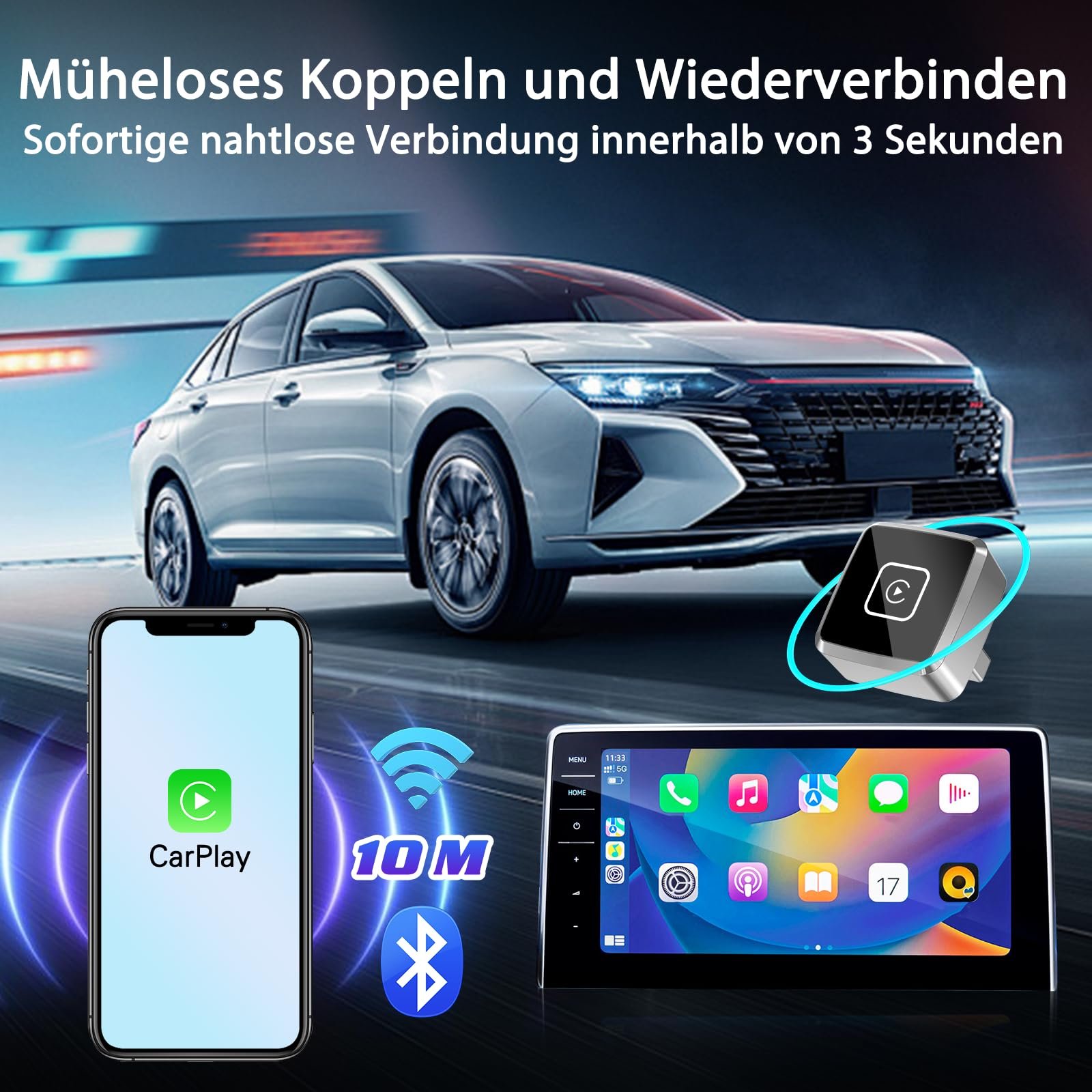 Адаптер CarPlay Беспроводной Mini для Apple, обновление 2025, преобразует проводной CarPlay в беспроводной для iPhone, USB C/A Plug and Play только для iOS 10+, фото №6