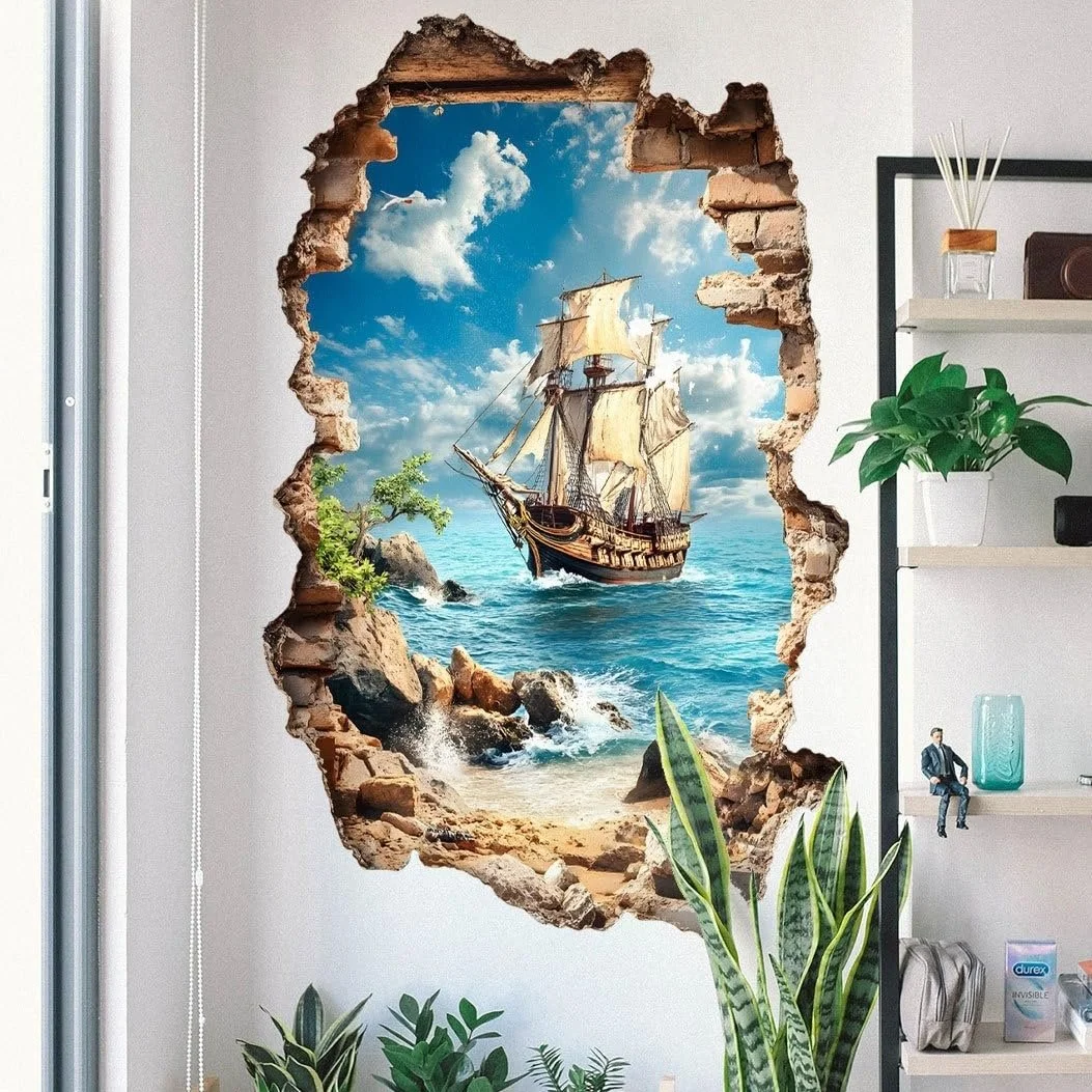 Настенная наклейка 3D Парусник Корабль Вид на море сквозь каменную стену 60 x 90 см Самоклеящаяся, фото №2