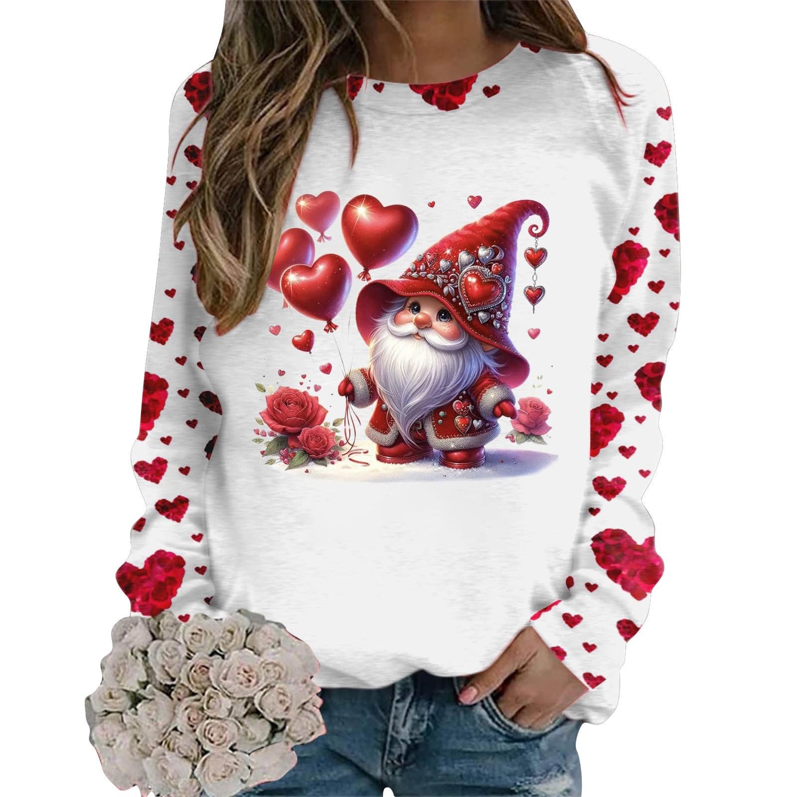 Женский свитшот Generisch День Святого Валентина Пуловер Гном Сердце Принт Блузка Топ Длинный Рукав Круглый вырез Свитшоты для женщин Рубашка с длинным рукавом Повседневная Спортивная Туника Весна Осень Зима Верхняя одежда, фото №1