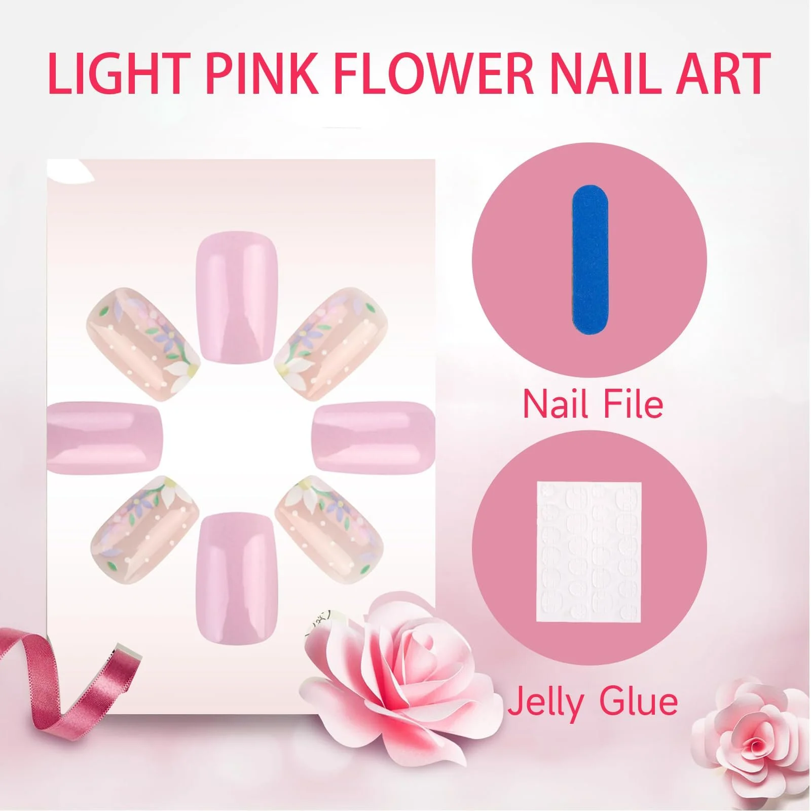 Набор накладных ногтей GlamRays Pink Flowers Short Almond 24 штуки Светло-розовый, фото №5