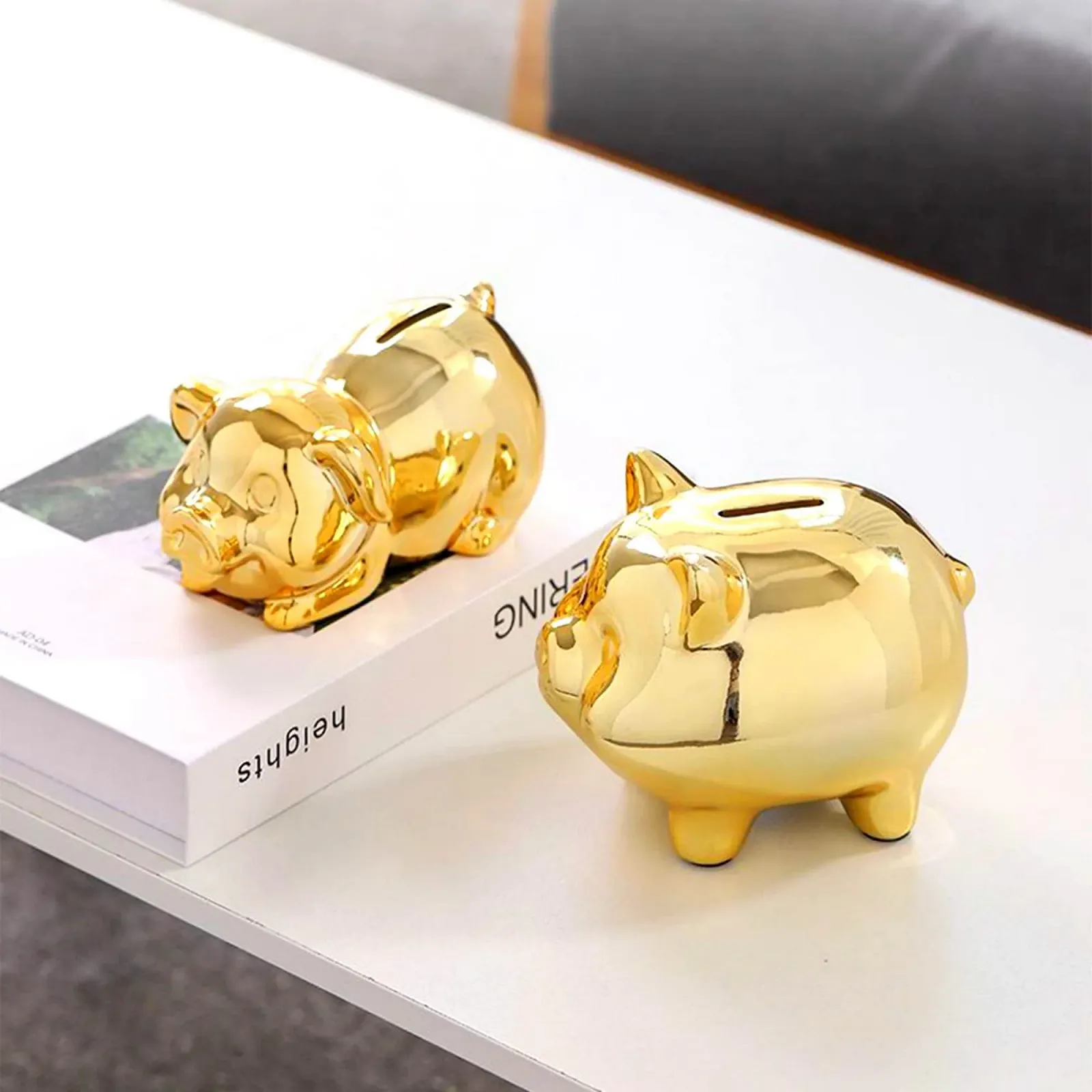 Скарбничка-свиня керамічна велика золотиста іменна, фото №7